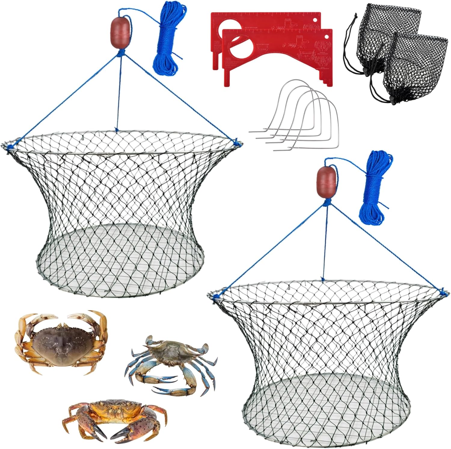 Double Ring Crab Trap - Steel Ring Crab Net, 24" Top, 20" Bottom, 50' Rope, Clip, Gauge for Dungeness, Rock and Blue Crab
