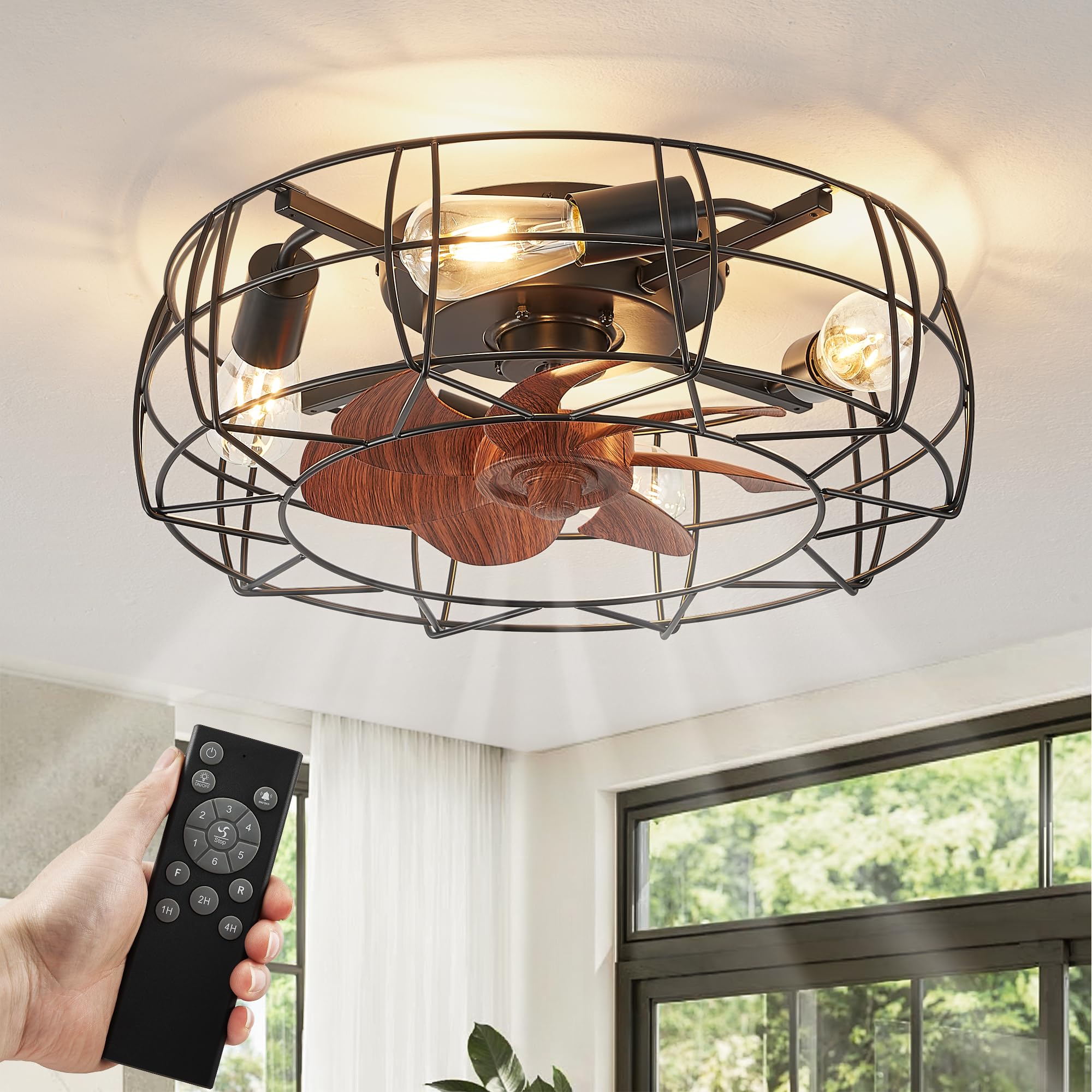 LEDIARY 18" Caged Ceiling Fans with Lights and Remote, Flush Mount Bladeless Ceiling Fan Light Fixture, Small Farmhouse Industrial Low Profile Ceiling Fan for Bedroom Kitchen