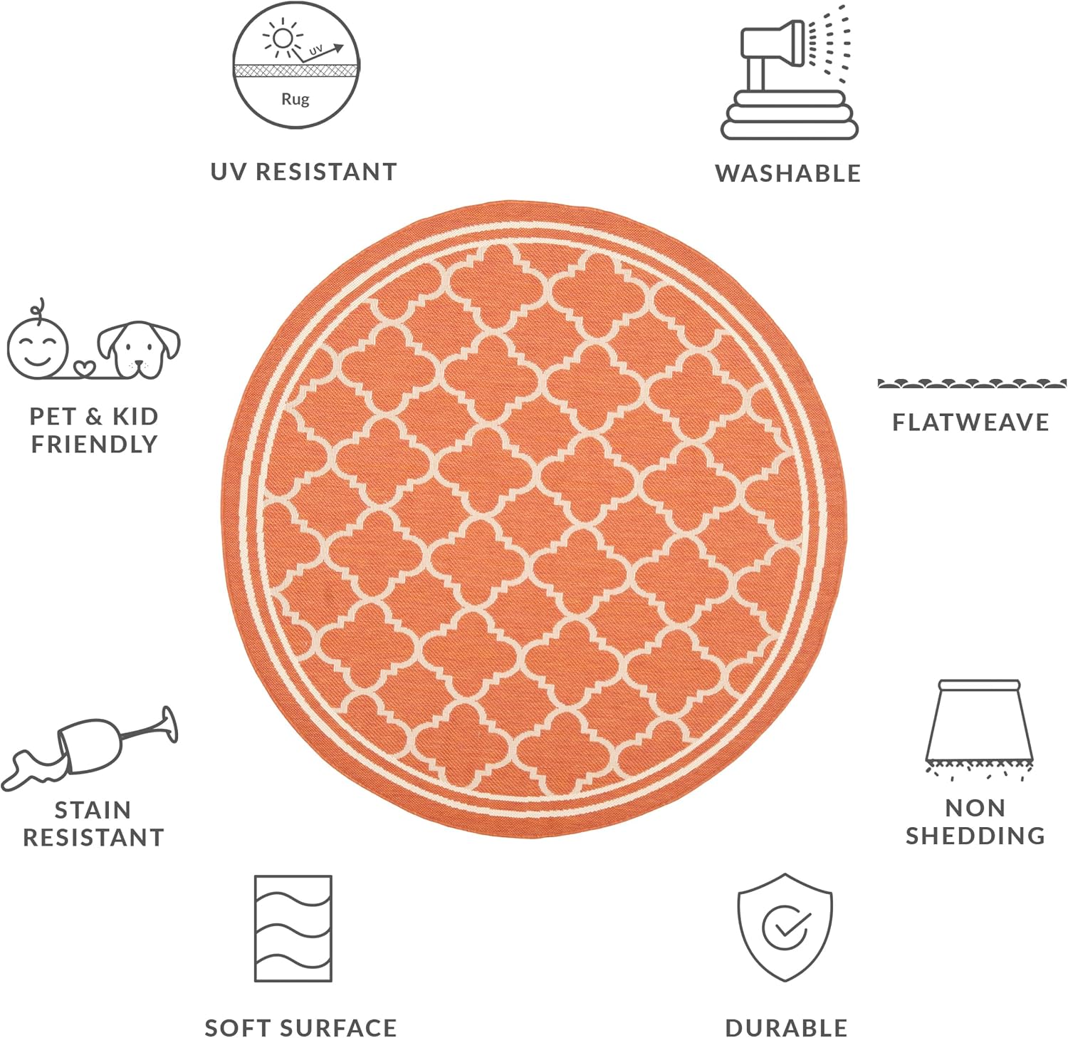 SAFAVIEH Washable Rug Outdoor Courtyard Collection - 5'3" Round, Terracotta & Bone, Non-Shedding & Easy Cleaning, Ideal for Patio, Backyard, Mudroom (CY6918-241)