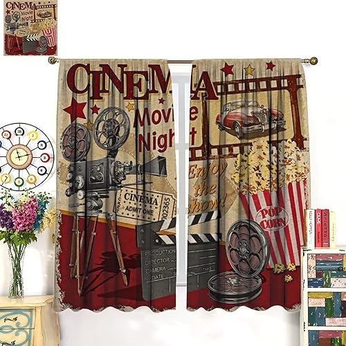 Miniatura 169 de Cortinas opacas para cine en casa, diseño retro moderno, tiras de película de palomitas de maíz para cámara de película, bolsillo para barra,