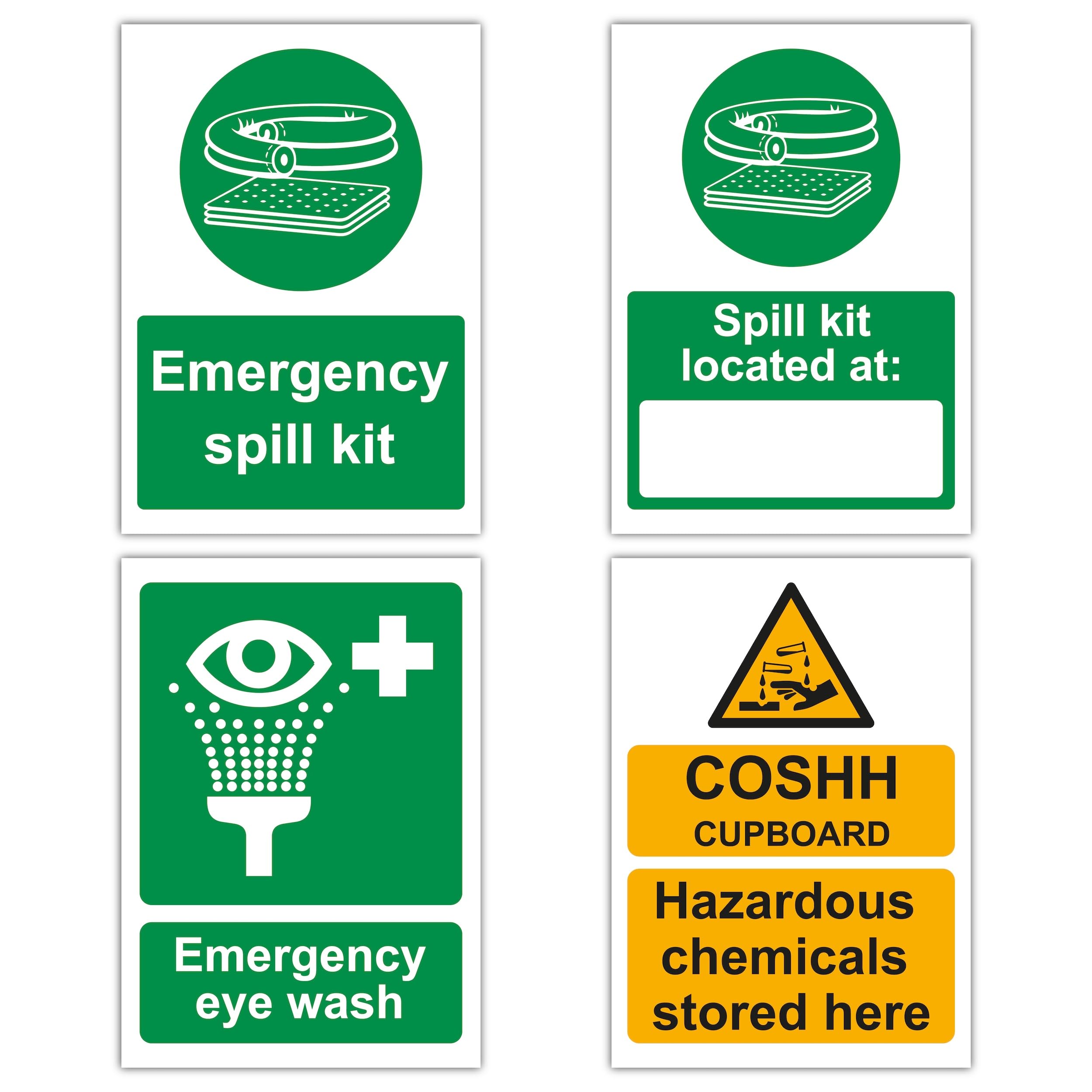 Set of 4 Workplace Safety Sign Labels (148 × 210 mm), Emergency Spill Kit, Spill Kit Location, Emergency Eye Wash & COSHH Cupboard – Self Adhesive Polypropylene Stickers