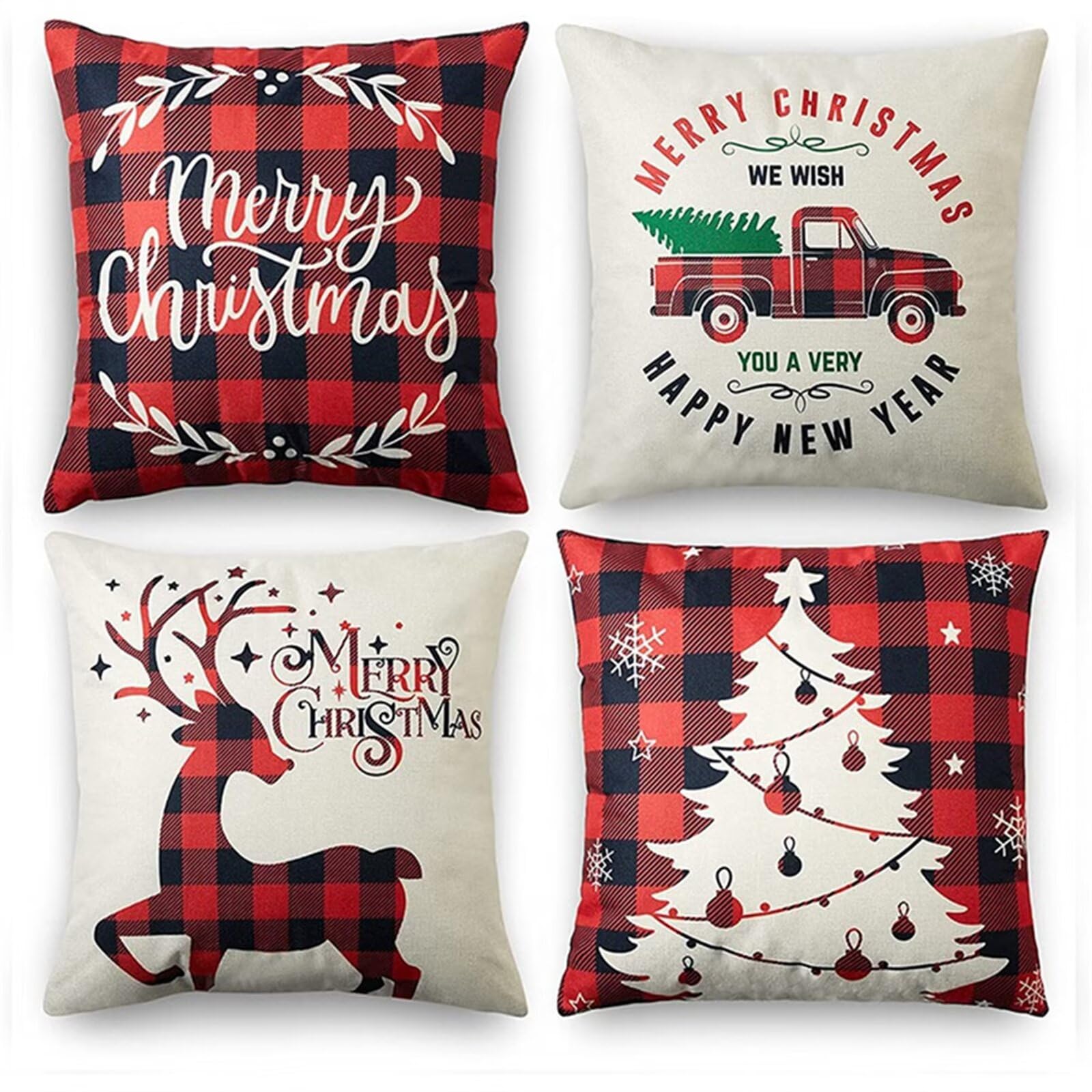 Juego de 4 Impermeable Funda de Cojín Copos de Nieve de Alce a Cuadros,65x65cm Moderno Suave Lino Fundas de Almohada Cojines Decor con Cremallera Oculta para Exterior Sofá Cama Coche Hogar