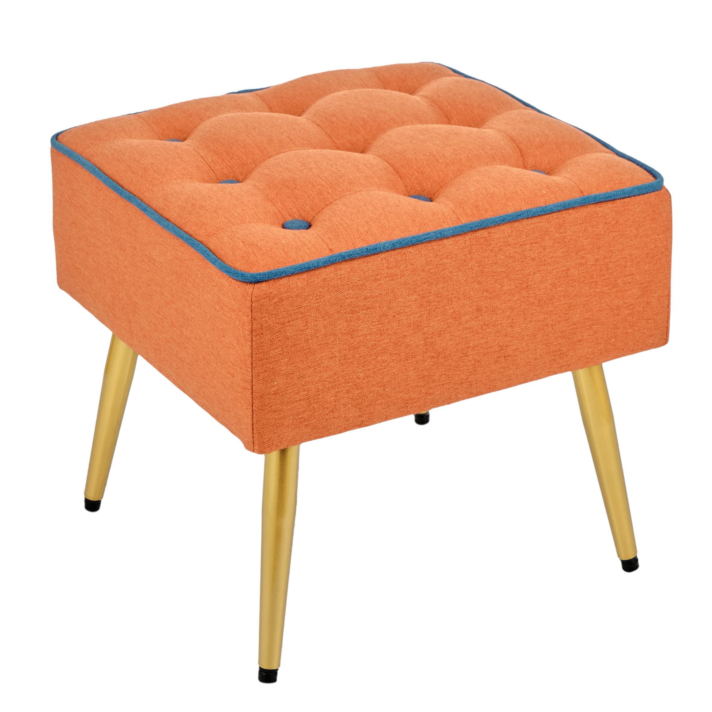 Baroni Home Gepolsterter Hocker aus Stoff, quadratischer Hocker mit Beinen aus Naturholz, Fußstütze, Stuhl, 40x40x35 cm, Orange, Blauer Rand