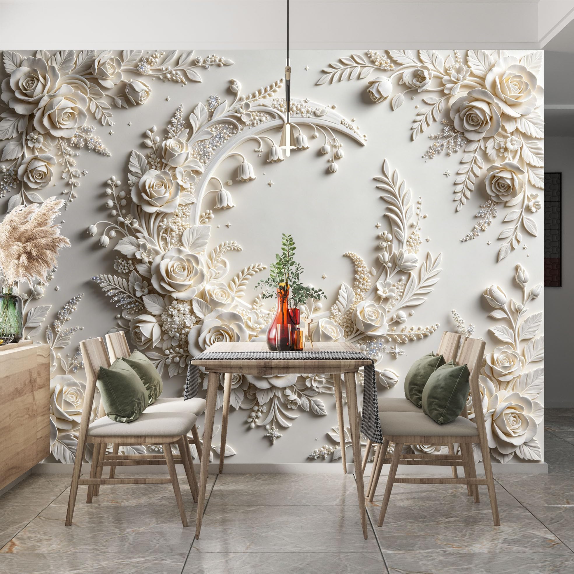 3D Relief Wandbild „Halbmondrose“ 350 x 256 cm Vliestapete mit Blumenmuster, cremefarben, romantisches Blumenpanorama, Fototapete für Schlafzimmer, Wohnzimmer, Wanddekoration, Halbmondrose, 350 x 256