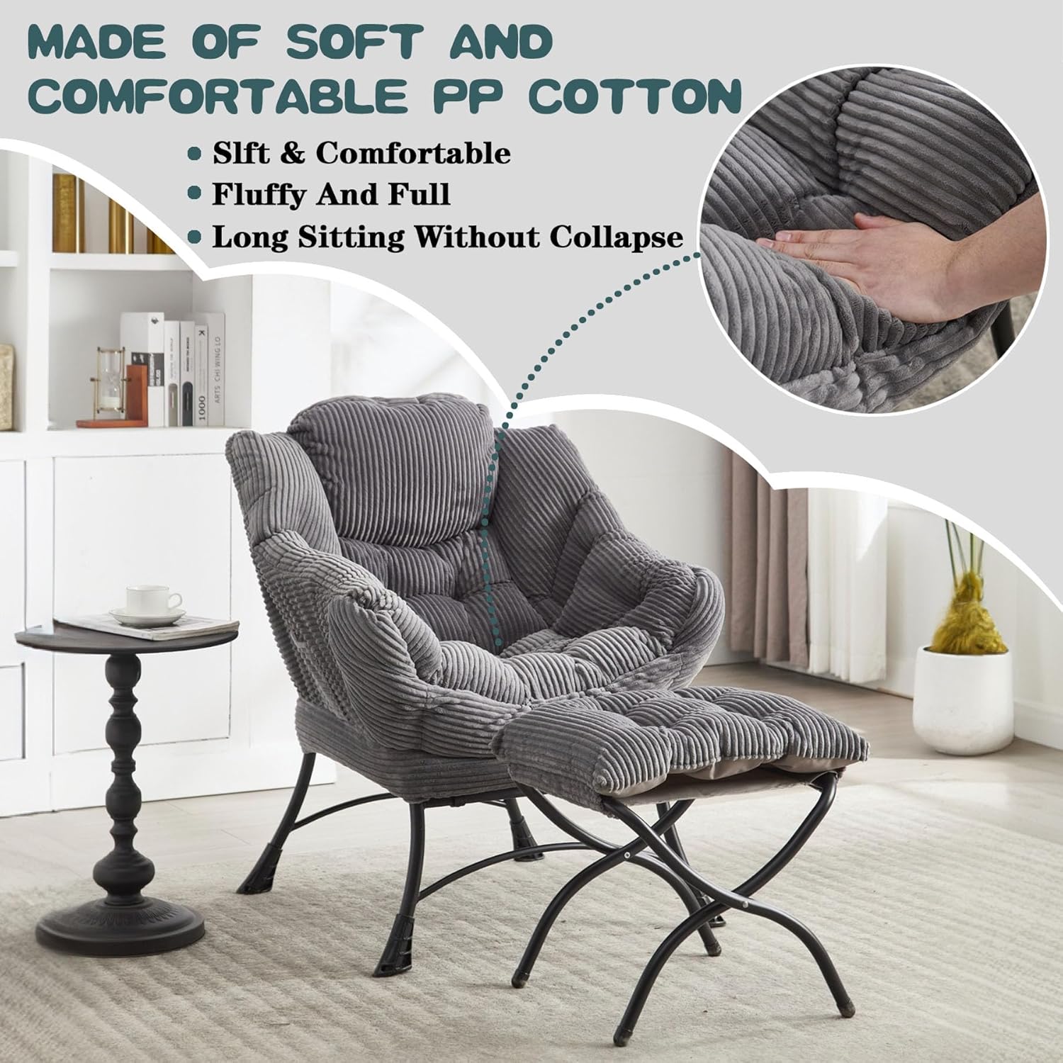Lazy Chair with Ottoman & Storage Pocket, Reading Chair for Bedroom Living Room Small Space, Comfy Lounge Chairs, Steel Frame, Oversized, Ergonomic, Corduroy (Grey)