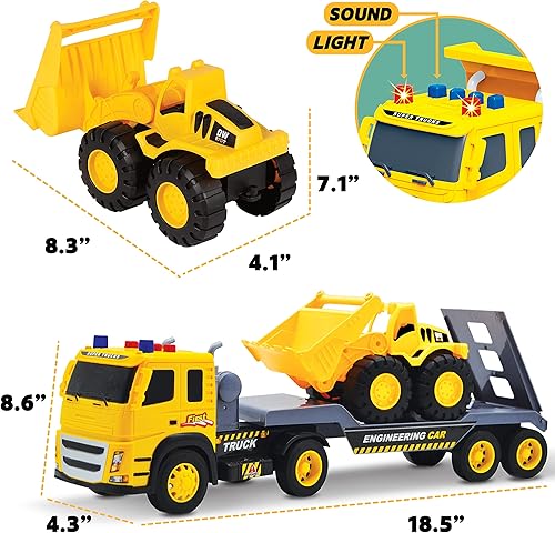 Miniatura 2 de MOBIUS Toys Camión de cama plana con excavadora de juguete tractor  escala 112, juego de vehículos de construcción Push and Go, luces y sonidos para