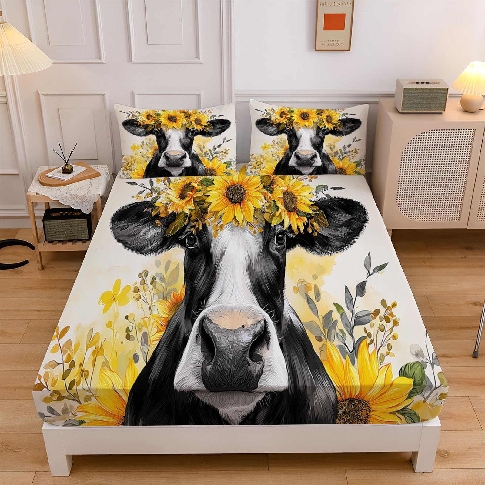 Juego De Sábanas Bajeras De Pintura Al Óleo Vaca, 200X190/200Cm Amarillo Claro, Microfibra Para Niños Niñas Adolescentes, Sábana Bajera Ajustable Elástica Suave, Estampado Girasoles Estilo Campestre