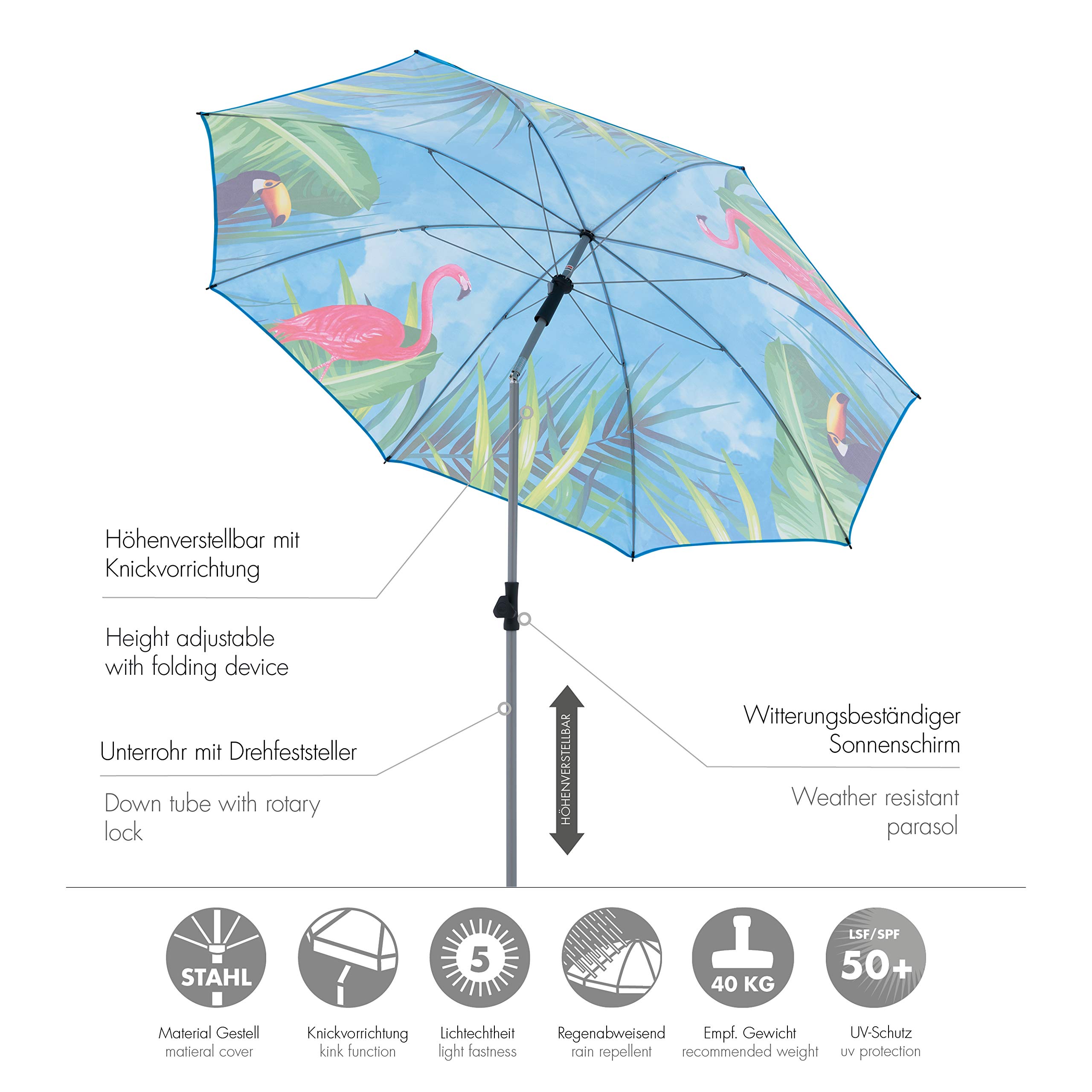 Doppler GS BASIC 200 - Sonnenschirm für Balkon oder Garten - Regenabweisend - Knickbar - ca. 200 cm - Flamingo
