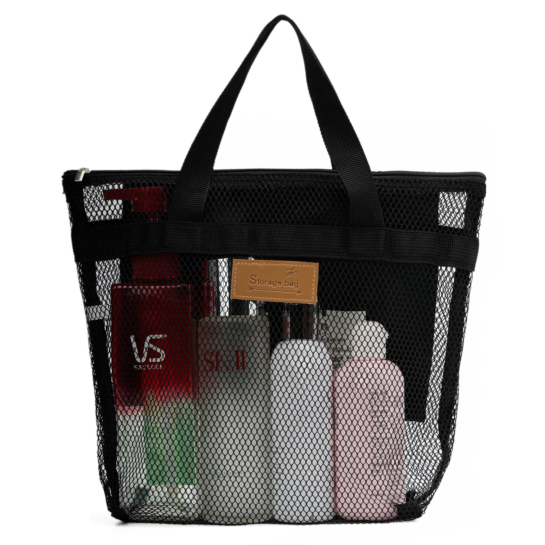 TOPASION Mesh Shower Caddy Bag Portable Hanging Toiletry and Bath Organizer with Zipper for Travel, Gym, Camping, College Dorms, Beach (Black)