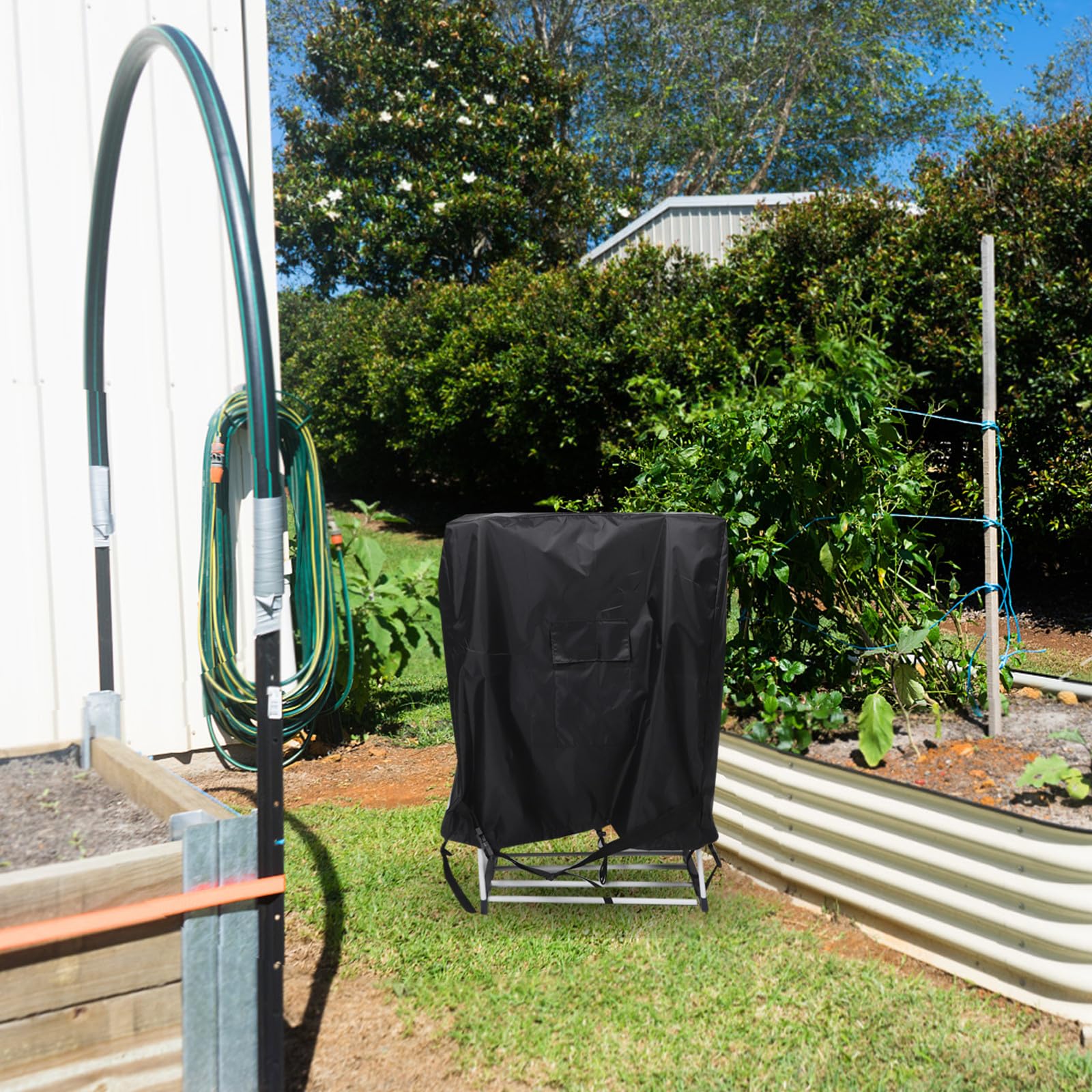 Funda para carrete de manguera, protector de manguera de jardín con bolsillo, 80 cm de largo x 25 cm de ancho x 89 cm de alto, almacenamiento seguro para patio, fiestas o uso estacional.