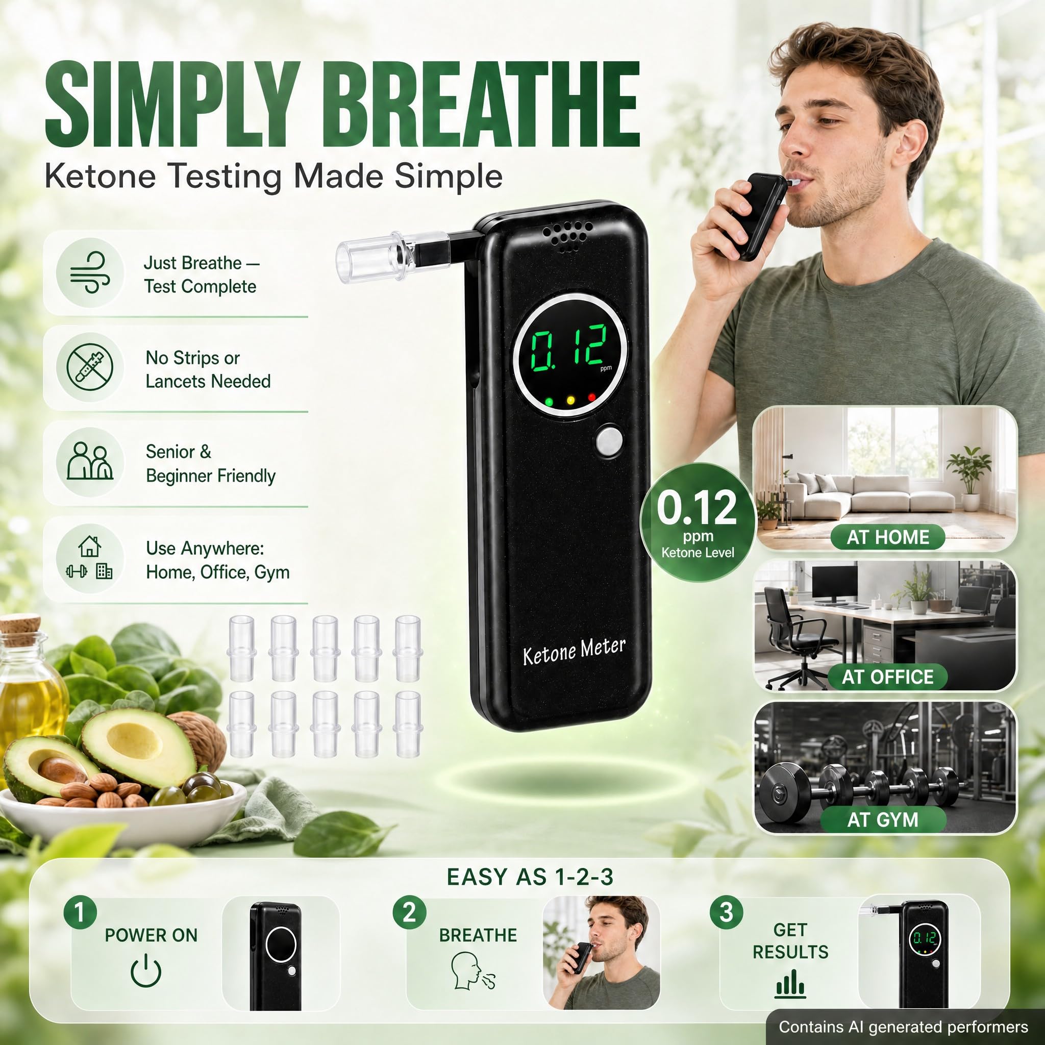 Tragbarer Ketone Atemtester, Digitales Ketone Atemmessgerät, Ketose-Atemtester zur Ermittlung des Ketonstatus, mit 10 Austauschbaren Mundstücken