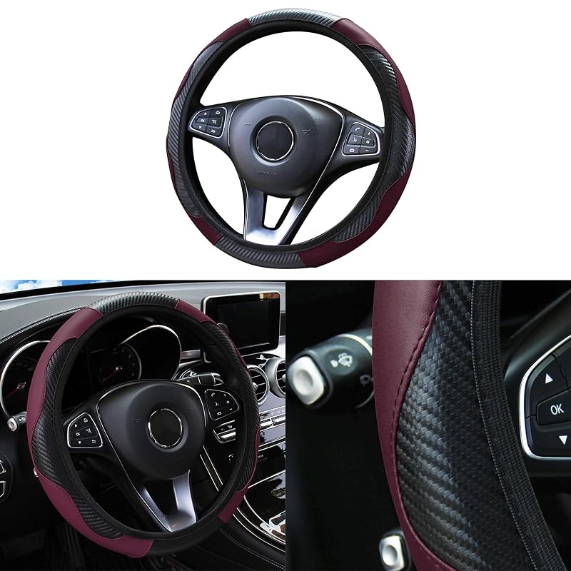 Capa para Volante de Carro em Couro Sintético com Visual de Fibra de Carbono Vinho 38,1 cm Couslcd