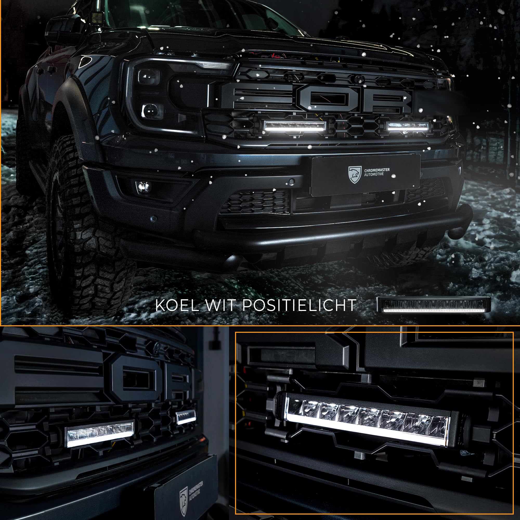 CHROMEMASTER | Due Luci LED Integrate nella Griglia Compatibili con Ford Ranger Raptor 2022+ ; 2x Luci Diurne a Barra LED Strands Firefly 10’’; Omologazione E, 12-24V DC; 3 Modalità di Illuminazione