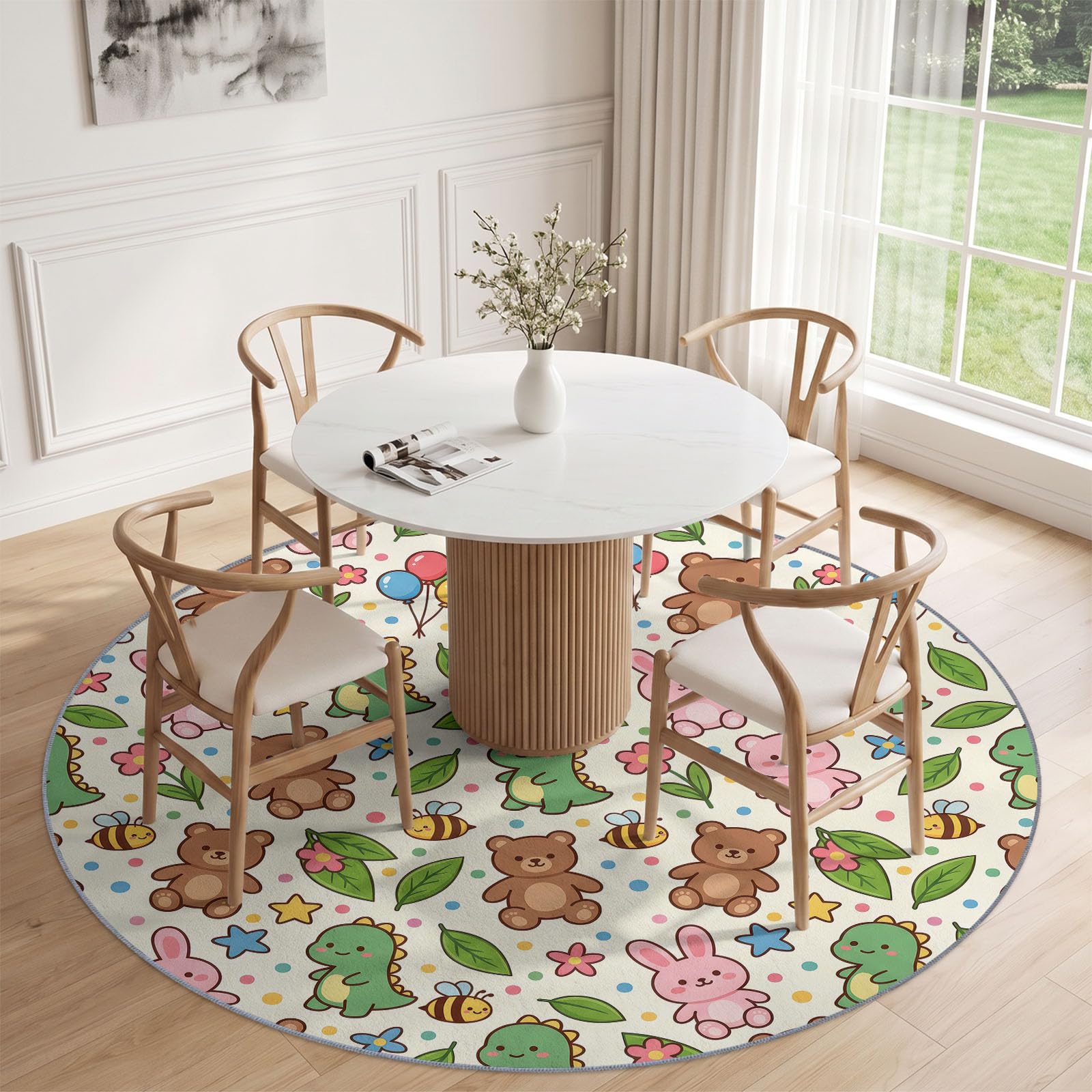 Tapis Rond Vert 160 cm, Cartoon Dinosaure Salon Doux Poil Ras Tapis
