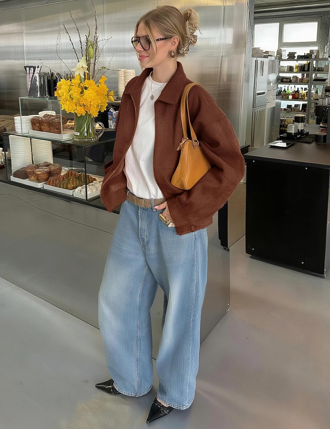 PHISOCKAT Faux Suede Jacket Women Oversized Casual Bomber Jackets Fashion Coat Streetwear Outerwear with Pockets - Image 5