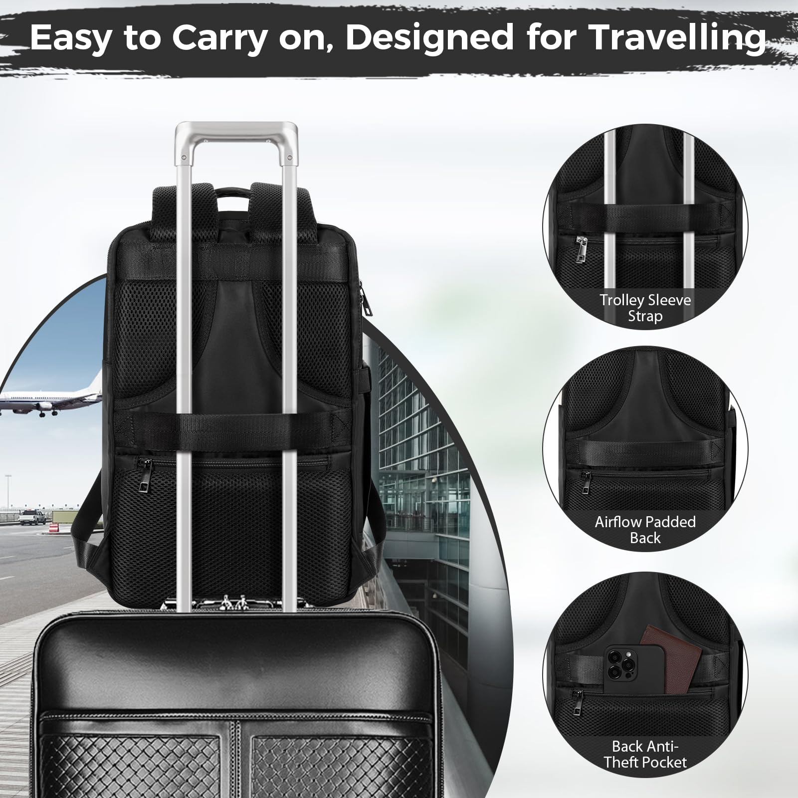 Ltemziiy Zaino da Viaggio 40 × 20 × 25 per Ryanair, Bagaglio a Mano Sotto il Sedile Aereo Borsa da Cabina Voli Zaini Casual Valigia Ufficio Scolastico Lavoro Borse Adatto a Laptop da 14 pollici-Nero