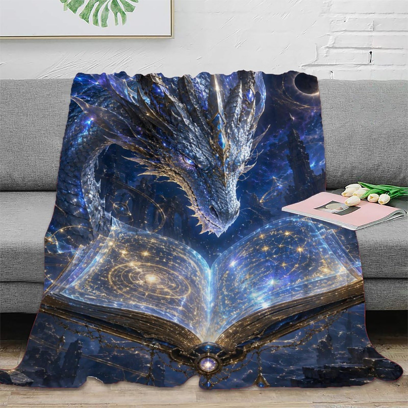 W7C8U2X3 Cosmic Dragon Magic Book Blanket, Flannel, TV, Mythical Dragon Art