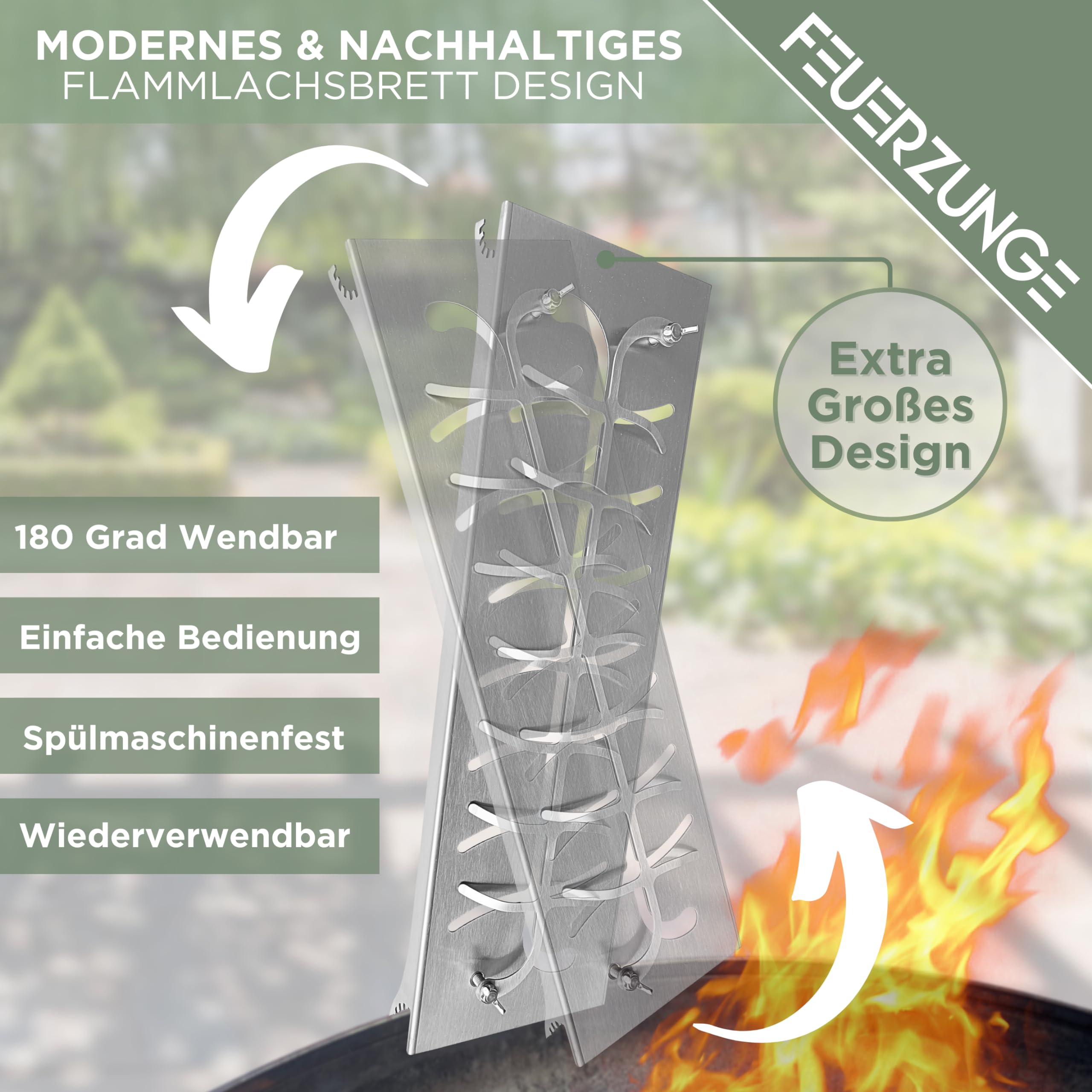 Flammlachsbrett aus Edelstahl - Extra Groß - Lachsfilets bis 60cm - 180° Wendbar & mit 5 stufiger Halterung - Feuerschalen Zubehör