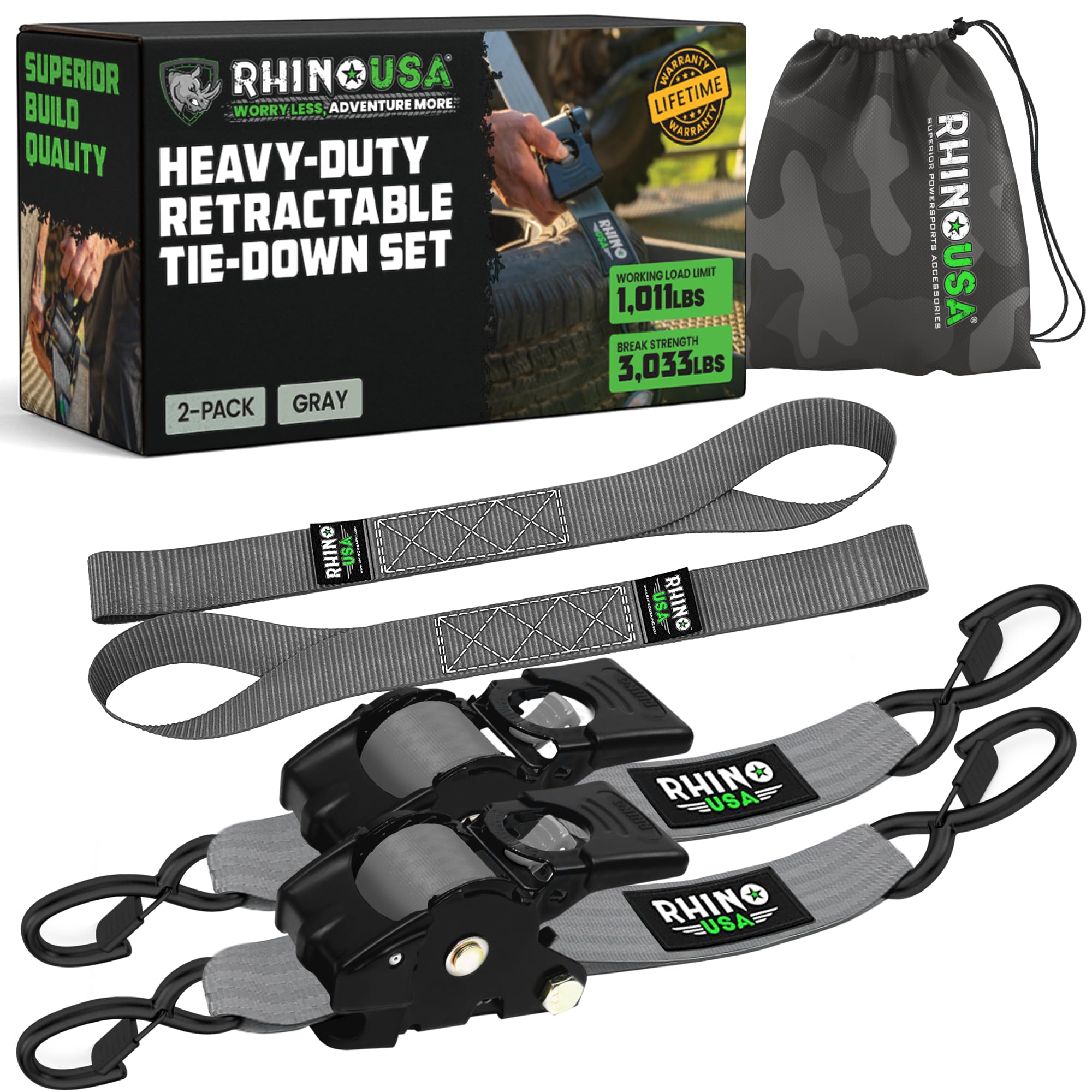 Rhino USA Retractable Ratchet Tie Down Straps (2PK) - 1,360kg Guaranteed Max Break Strength, Includes (2) Ultimate 5 cm x 3 m Autoretract Tie Downs with Padded Handles - Grey