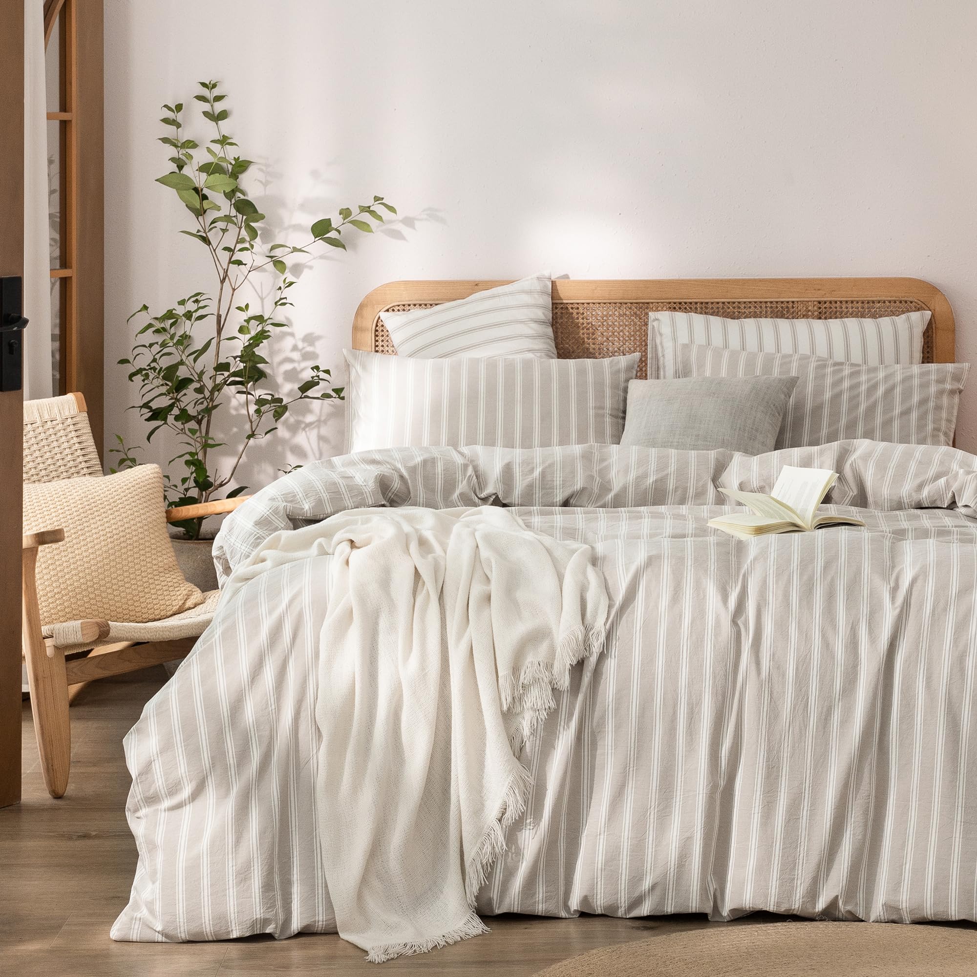 BESTOUCH Striped Cotton Duvet Cover Set Linen Feel Full