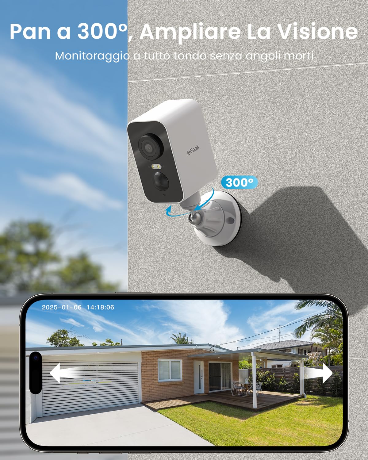 ieGeek 2K Telecamera Wi-Fi Esterno Senza Fili a Batteria, Base Magnetica | Pan 300°, Interne & Esterne, Visione Notturna a Colori, Rilevamento Movimento PIR, Audio Bidirezionale, SD/Cloud, IP65