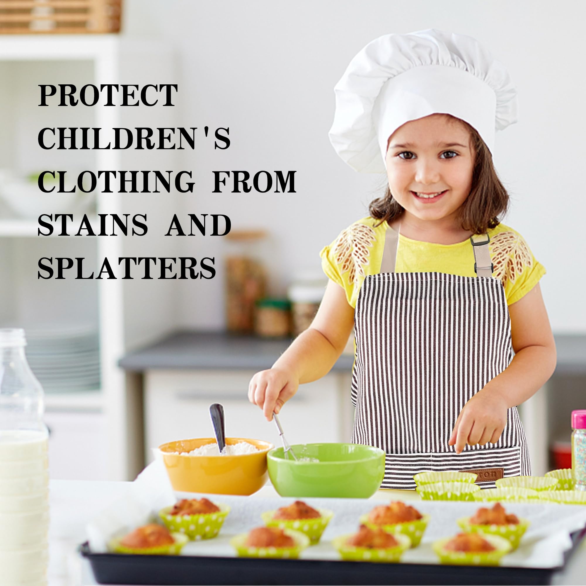 MEKEET 1PCS Kids Apron Gray Kids Aprons for Cooking Apron with 2 Pockets Striped Children Apron Adjustable Polyester Cotton Apron for Kids Painting Chef Apron Suitable for Boys and Girls - Image 4