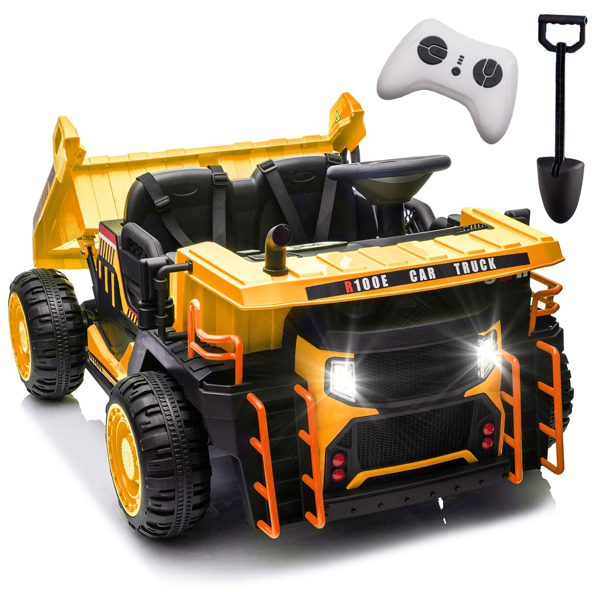 Bluefun 24V Kids Ride on Dump Truck with Remote Control, 2 Seater Kids Electric Car, 400W Power Wheels, Electric Dump Bed & Shovel, Bluetooth Music, Shock Absorption (Yellow)