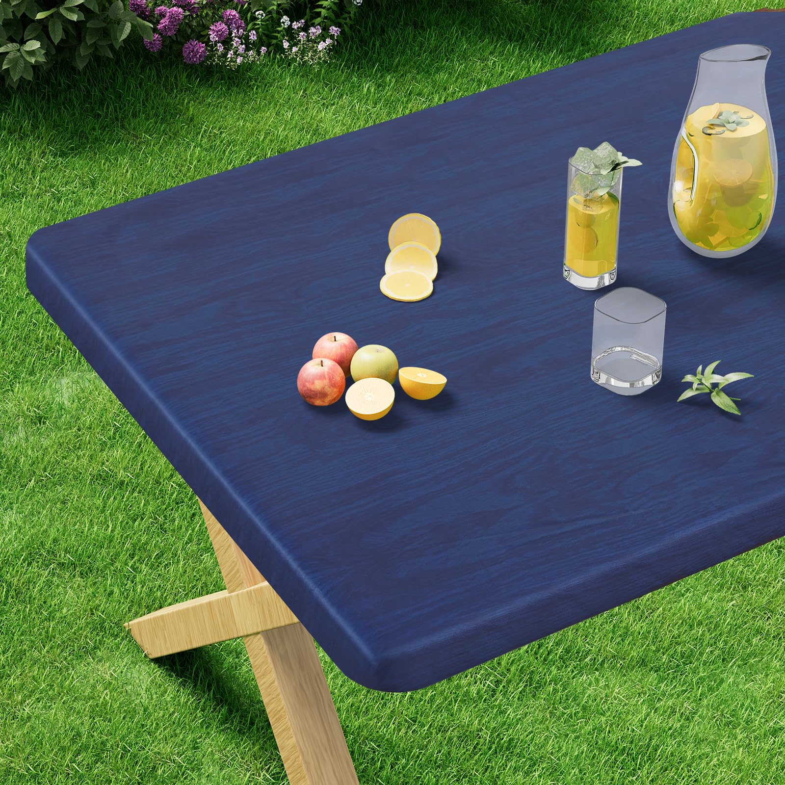 misaya Rectangle Vinyl Tablecloth, Fitted Table Cover, Waterproof, Elastic Edge, Plastic Table Cloth Fit 6 Foot Folding Tables for Picnic, Indoor and Outdoor (Navy, 30 x 72 inch)
