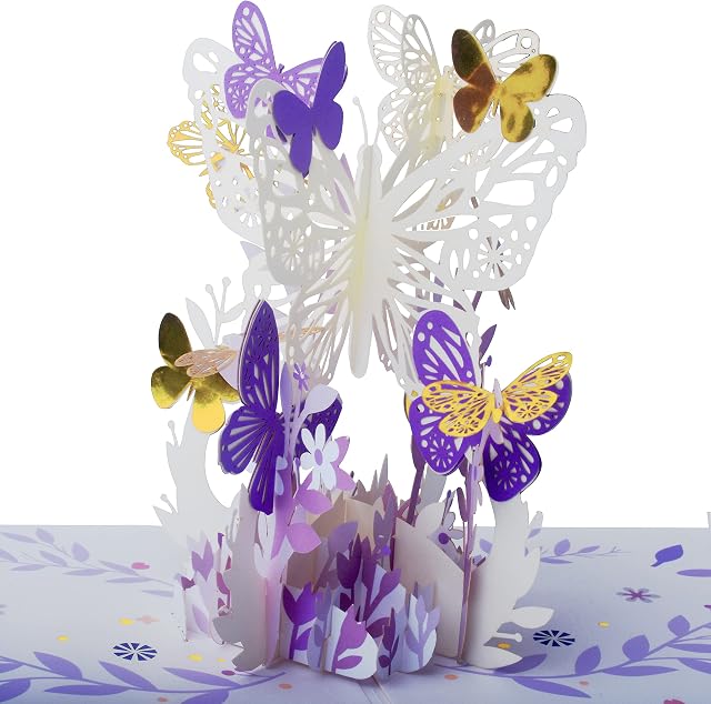 Butterfly Flower Pop up Card, Purple 3D Basket Cards, Print Paper Card, beautiful Greeting, Unique Gift for Women Wife Girl Daughter Mothers Day Anniversary Birthday, With Envelope and Note 5" x 7"
