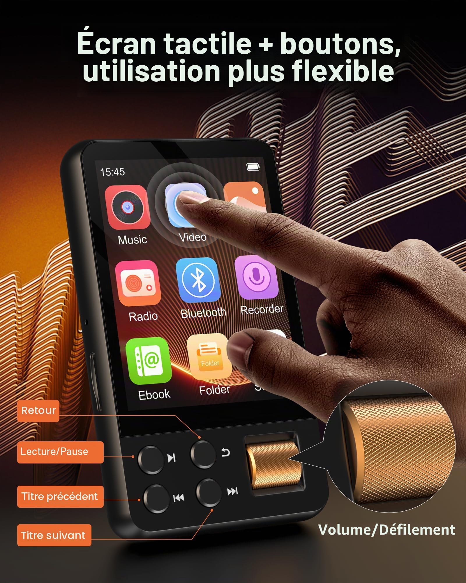 Lecteur MP3 avec Bluetooth 5.4, Lecteur Musique Enfant Hi-FI avec Écran Tactile 2.4", 128GB Baladeur MP3 Sport Compatible avec Radio FM, Enregistrement, Prend en Charge Cartes TF Jusqu'à 512 Go