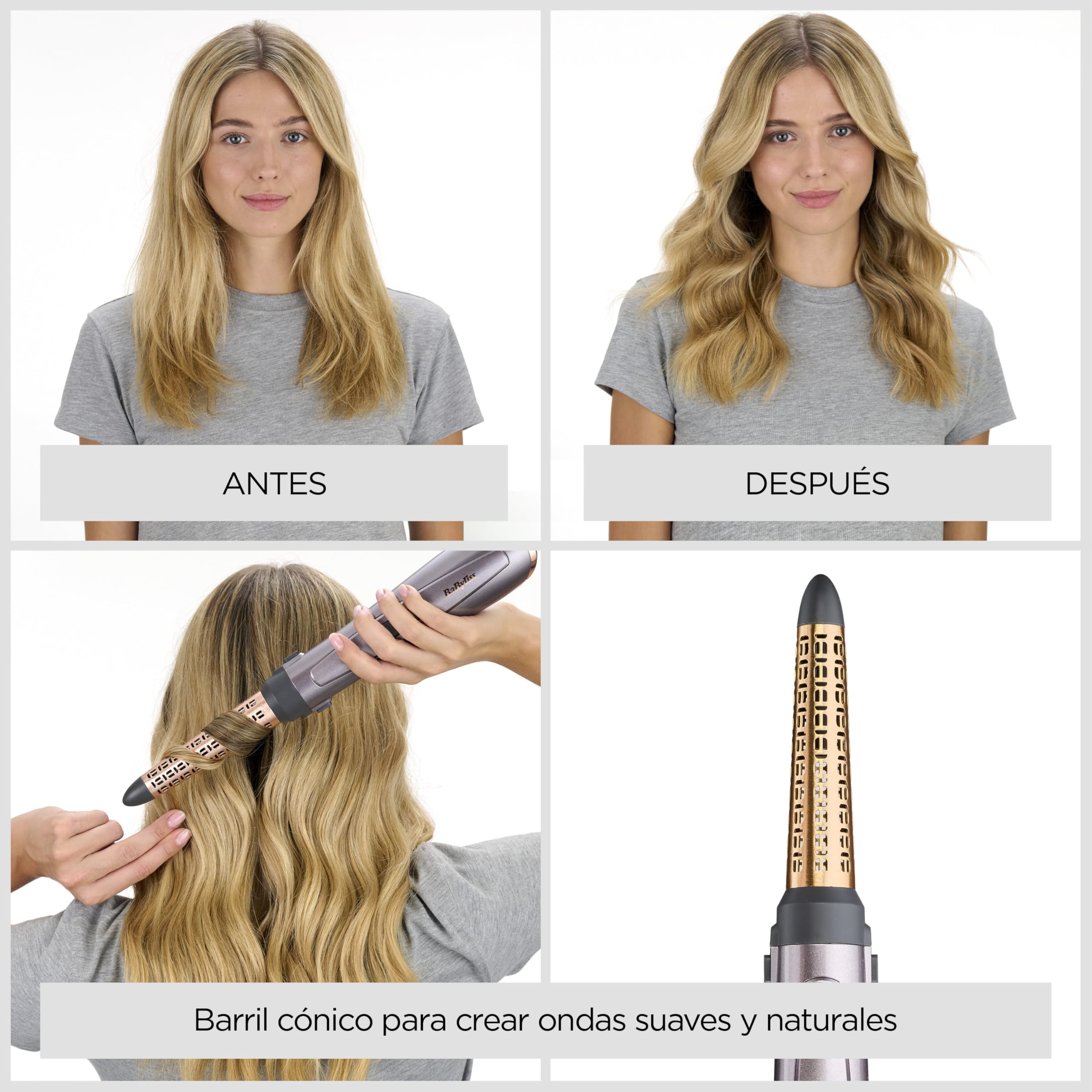 BaByliss Cepillo de Aire Style 1000 - Cepillo secador de pelo, Todo en Uno, Voluminizador y Rizador, Sistema iónico avanzado, Antiencrespamiento, 1000 W, 4 accesorios, Cobre/Gris, AS136E