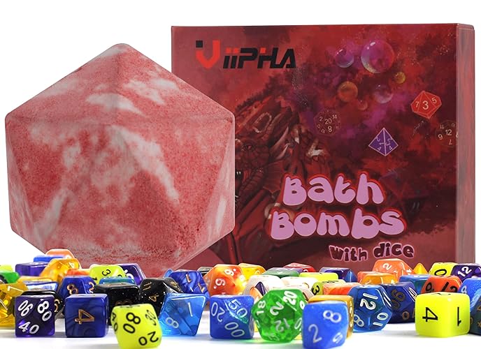 Huge D20 Bath Bombs with Full Surprise Set of Polyhedral Dice Inside, DND Inspired Dragon Blood Bath Bomb 11oz with Gift Box - Perfect for Dungeon Master, Player and Tabletop RPG Nerd