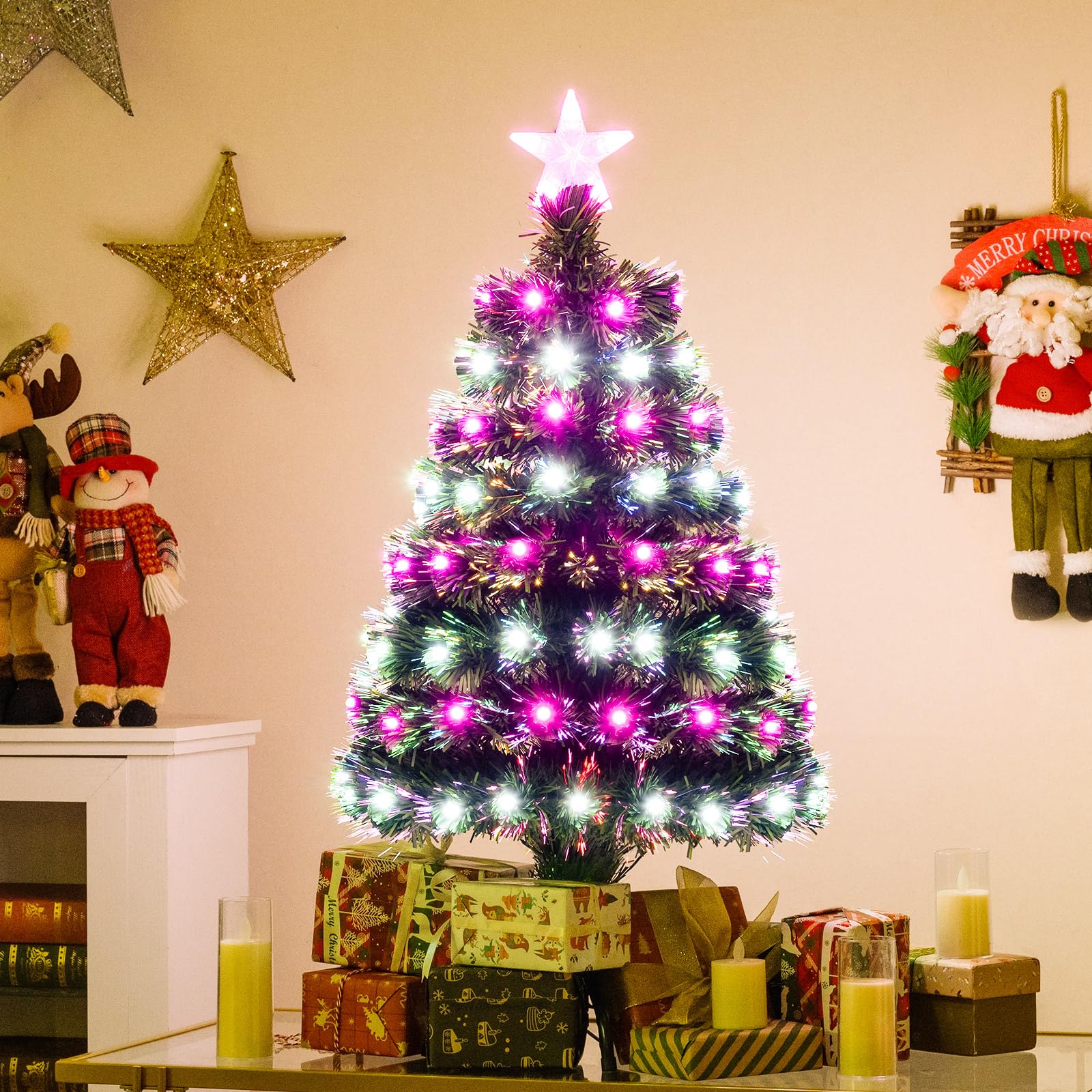 Albero di Natale Artificiale Illuminato da 93 cm, Albero di Natale con Fibre Ottiche Multicolore, 96 Luci LED Viola e Bianche, 8 Modalità, 96 Punte di Rami in PVC, Stella sulla Cima, Base Metallica