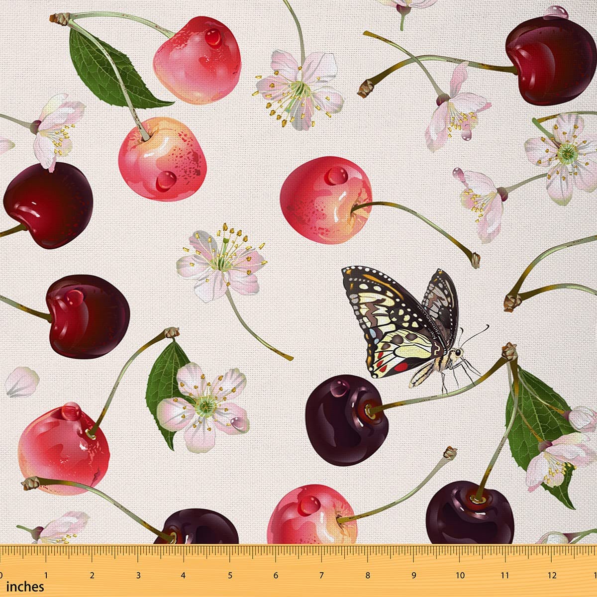 Richhome Multi 8 Cherry Fabric By The Yard Cherry Blossom Flower Colorful Butterfly Fabric For Teens Sewing Lovers Nature Outdoor Fruit Floral Rustic Style Fabric For Room Decor And Diy Upholstery 2 Yards