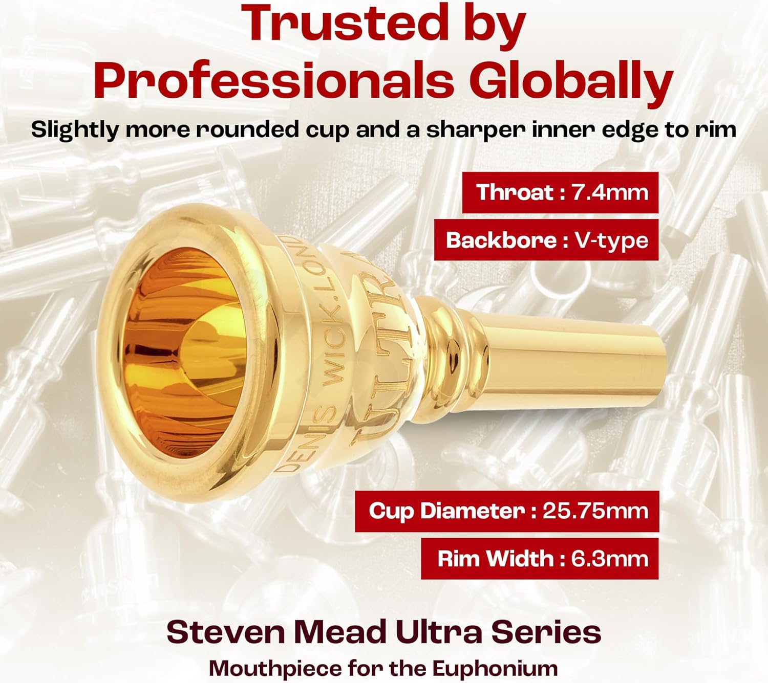 Denis Wick Steven Mead Euphonium Mouthpiece Gold Plated, 4880E-SM4U - V-Type Backbore for Balanced Airflow & Tone - Euphonium Accessories for Easy Articulation & Optimized Sound - 26 x 6.3 x 7.4mm