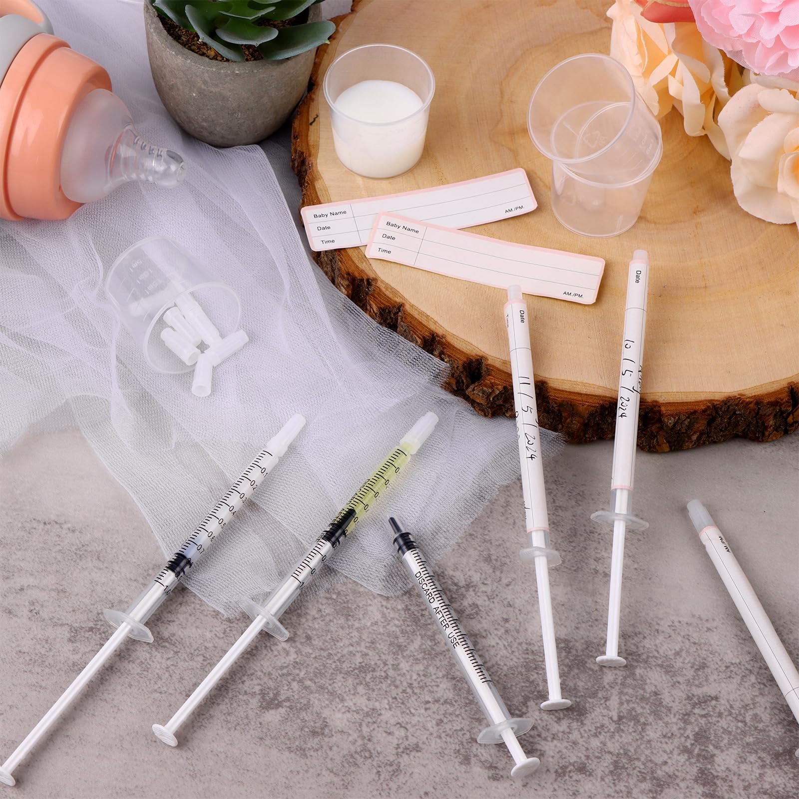 Kolostrum-Sammelset, 50-teilig, 1 ml, Muttermilchsammler, Milchfänger mit 4 Messbechern und 54 Aufklebern, Colostrum-Kollektion, Geschenkset, Kolostrum-Ernte-Set zum Stillen