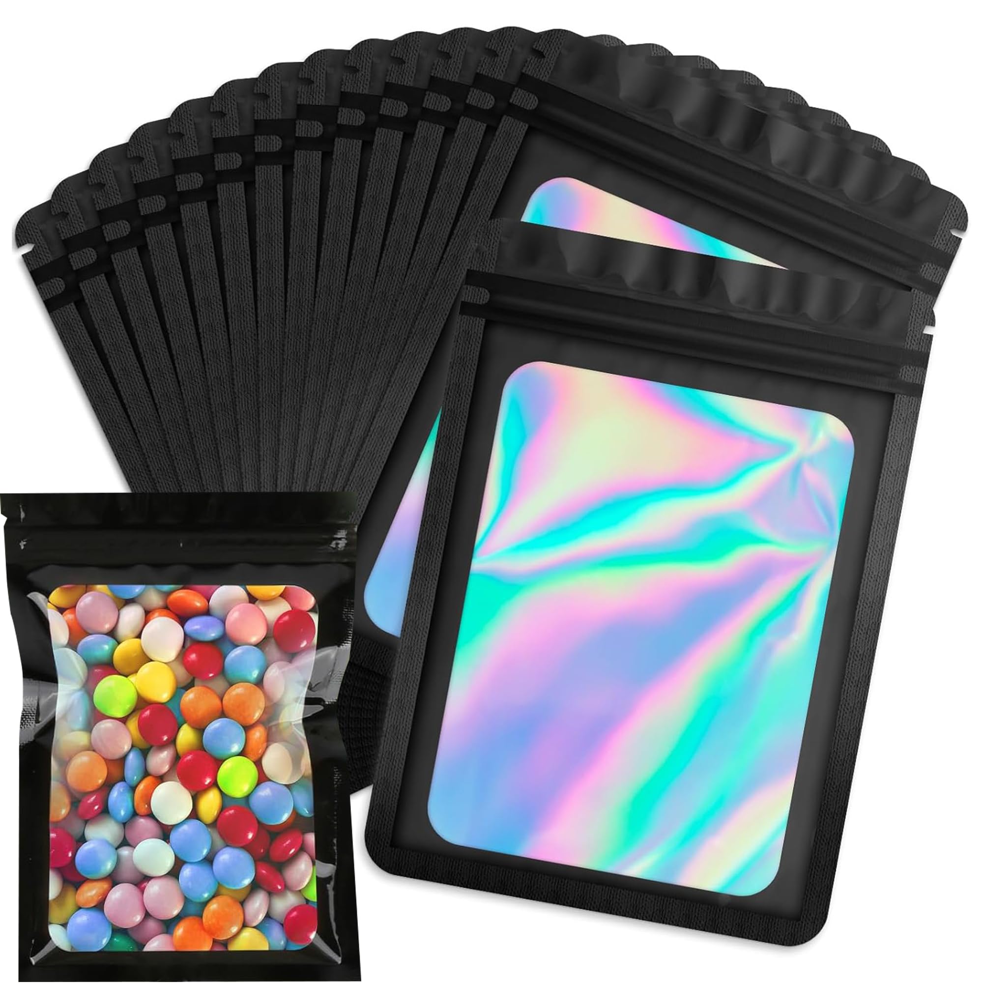Basowomew Black 100Pcs Mylar Holographic Bags 7.5X12cm Resealable Stand Up Pouch Foil Holographic Bags, Smell Proof Baggies (3X4.7inch)