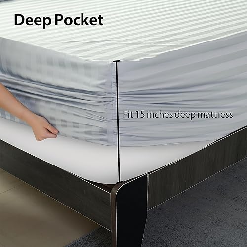 Miniatura 4 de Sábana bajera ajustable a rayas de tamaño individual, color gris, 600 hilos, 100% algodón, sábana bajera de satén a rayas, sábana bajera de 15