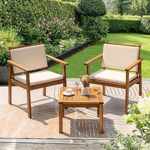 Miniatura 3 de Greesum Juego de 3 sillas de chat para exteriores con cojines resistentes al agua y mesa auxiliar para playa, patio trasero, jardín, color blanco