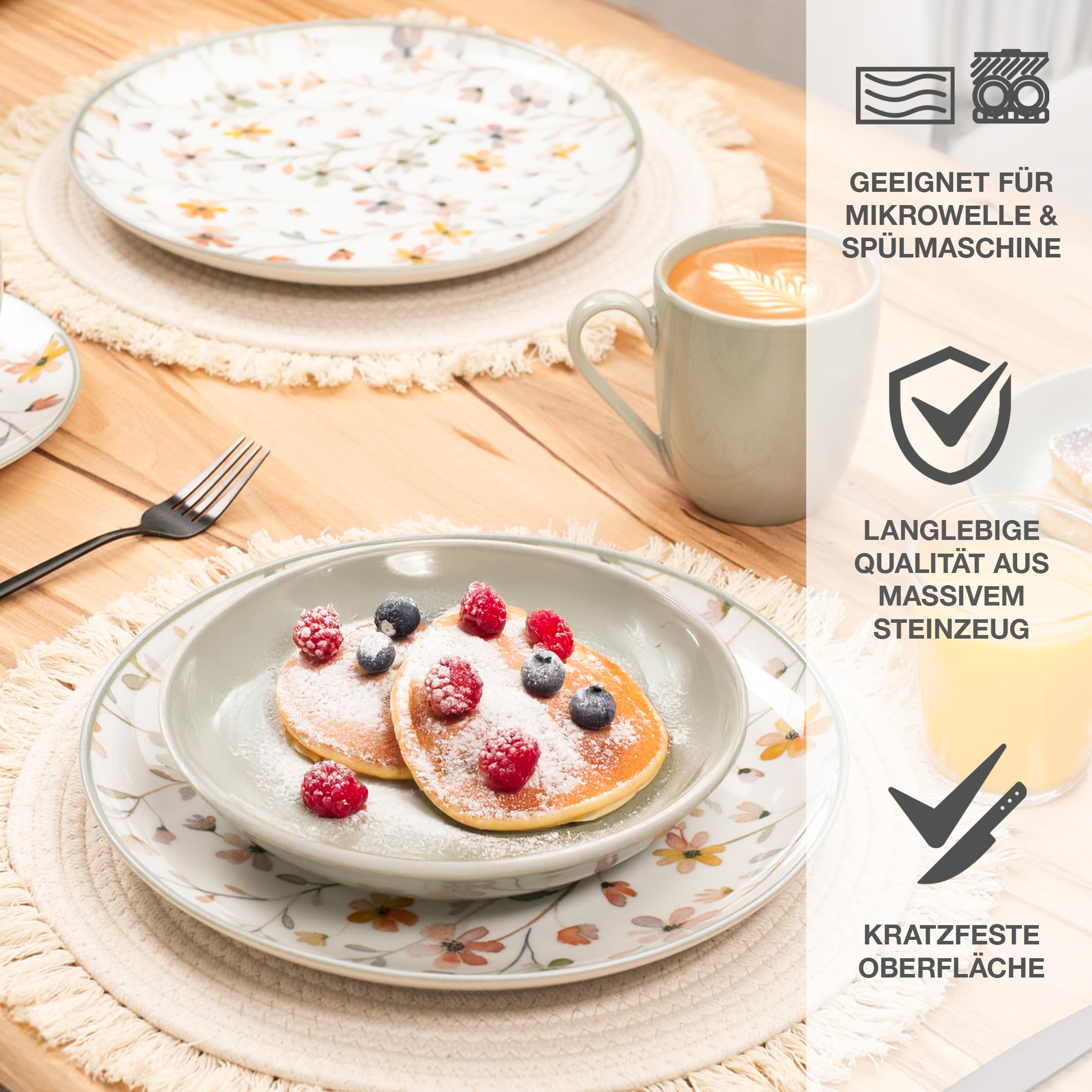 Moritz & Moritz PRIMAVERA Steingut Geschirrset 12 Personen 48-tlg. - Modernes Tafelservice mit verspieltem Design, Pflegeleichtes Kaffeeservice mit Teller Set, Schüsseln & Tassen - Kombiservice