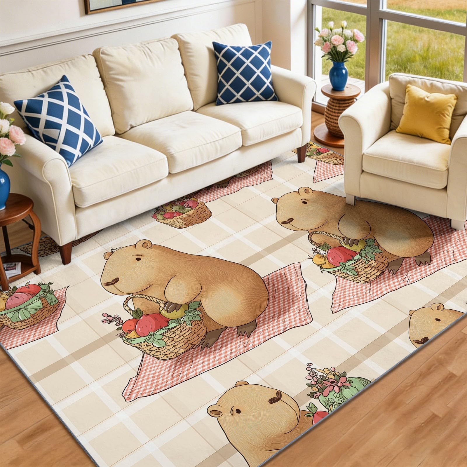 Kapibara w koszu dywan do pokoju dziecięcego antypoślizgowy spód do salonu, sypialni i pokoju dziecięcego nowoczesny dywan 160 x 230 cm, kolorowy