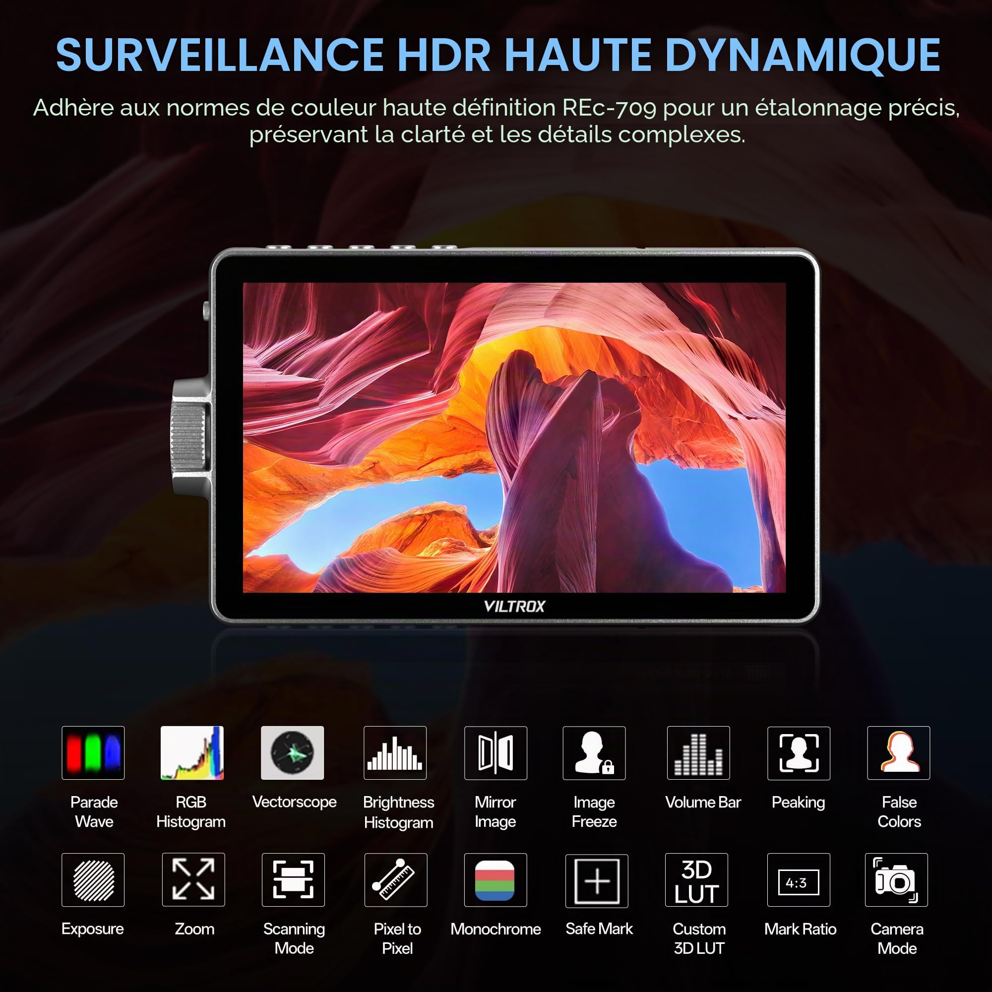VILTROX DC-A1 2800 nits Moniteur de caméra, 7 Pouces IPS HD 1920x1080 écran Tactile Caméra Moniteur vidéo avec 4K HDMI 2.0, LUT 3D, Focus Peaking, Assistance vidéo, HDR Full Waveform, Batterie F550