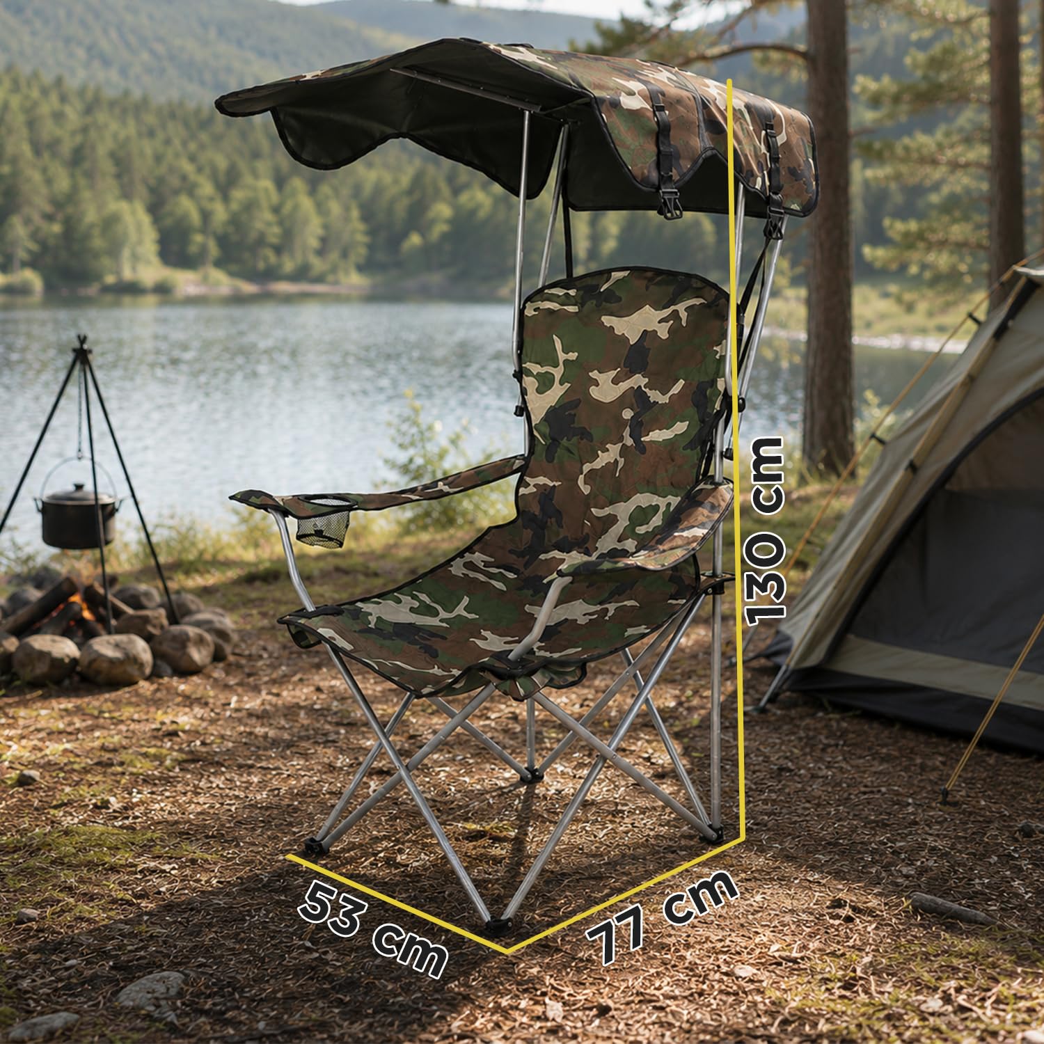Avilia - Sedia da Campeggio Pieghevole con Tettuccio Parasole – Tessuto Oxford e Acciaio al Carbonio, 120 kg | Sedia Pieghevole Campeggio Camouflage, Aperta L53×P77×A130 cm – Chiusa L19×P19×A87 cm