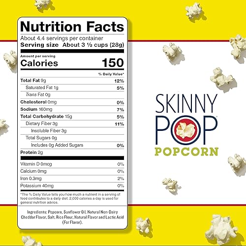 Miniatura 78 de SkinnyPop Palomitas de maíz, sabor queso cheddar blanco, grano entero, bocadillo sin lácteos, bolsa de 4.4 onzas