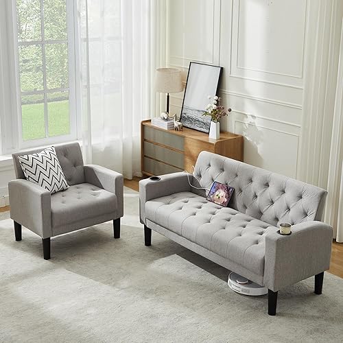 Miniatura 20 de TYBOATLE Juego de sofá de 2 asientos tapizado de mediados de siglo con 2 USB y 2 portavasos, juego de 3 muebles para sala de estar, sofás pequeños
