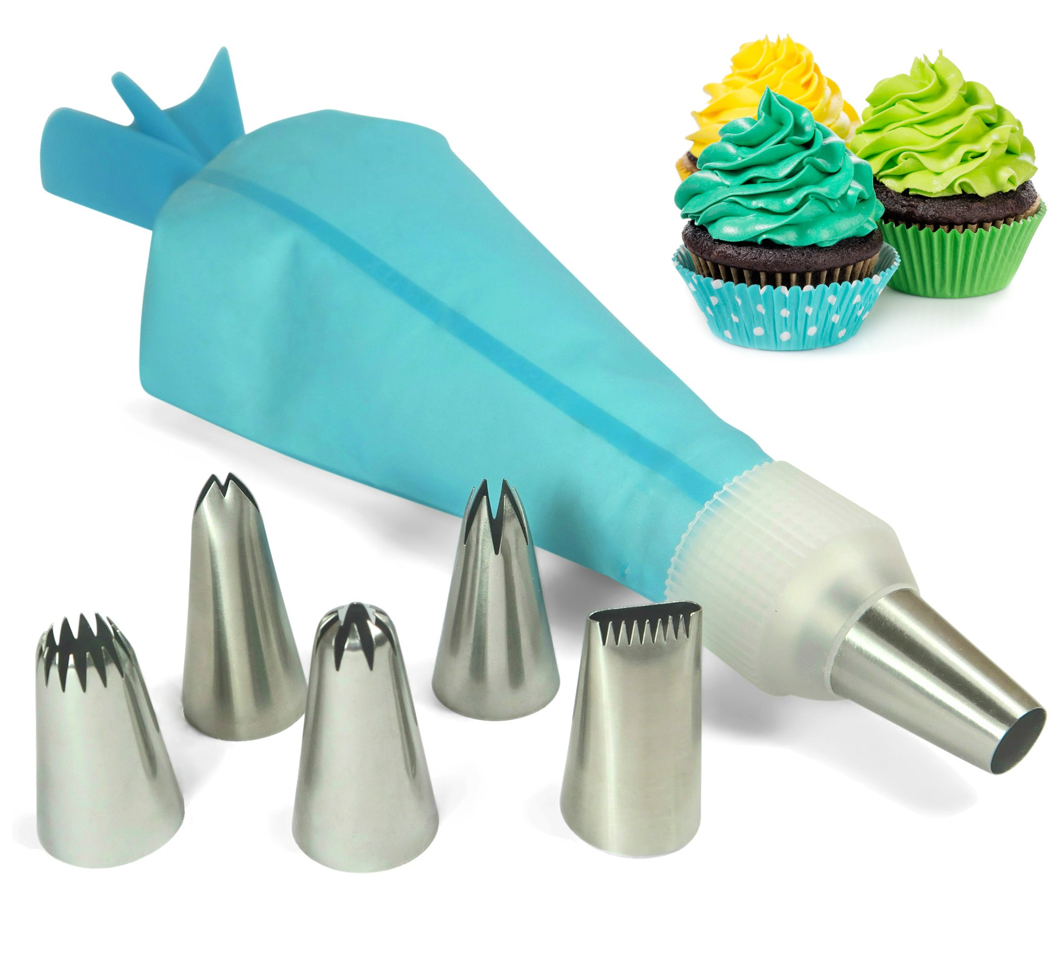 Wenburgpiping nozzles set Basic I 6 Large nozzles - silicone piping bag 35 cm - adapter I Professional stainless steel attachments for cakes, pies, cookies decoration. Dishwasher safe