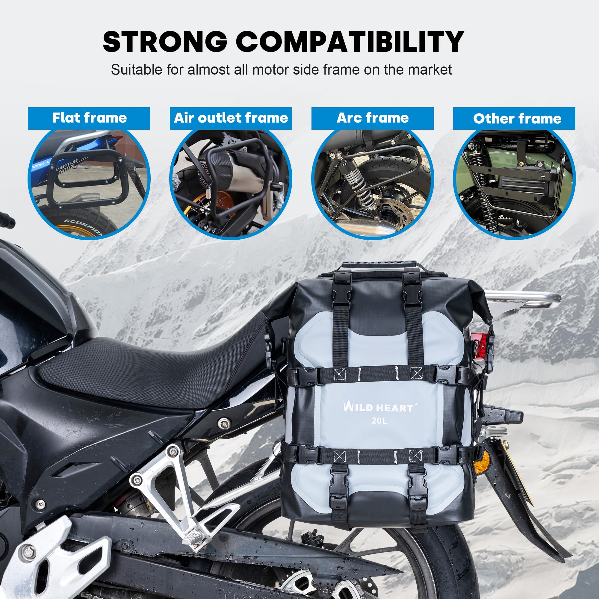 WILD HEART Motocicleta Bolsa Lateral de suspensión de Acero Inoxidable Impermeable Alforjas 20L/25L Pianner Bolsa Resistente al Desgaste de Uso General (Gris, 20L)