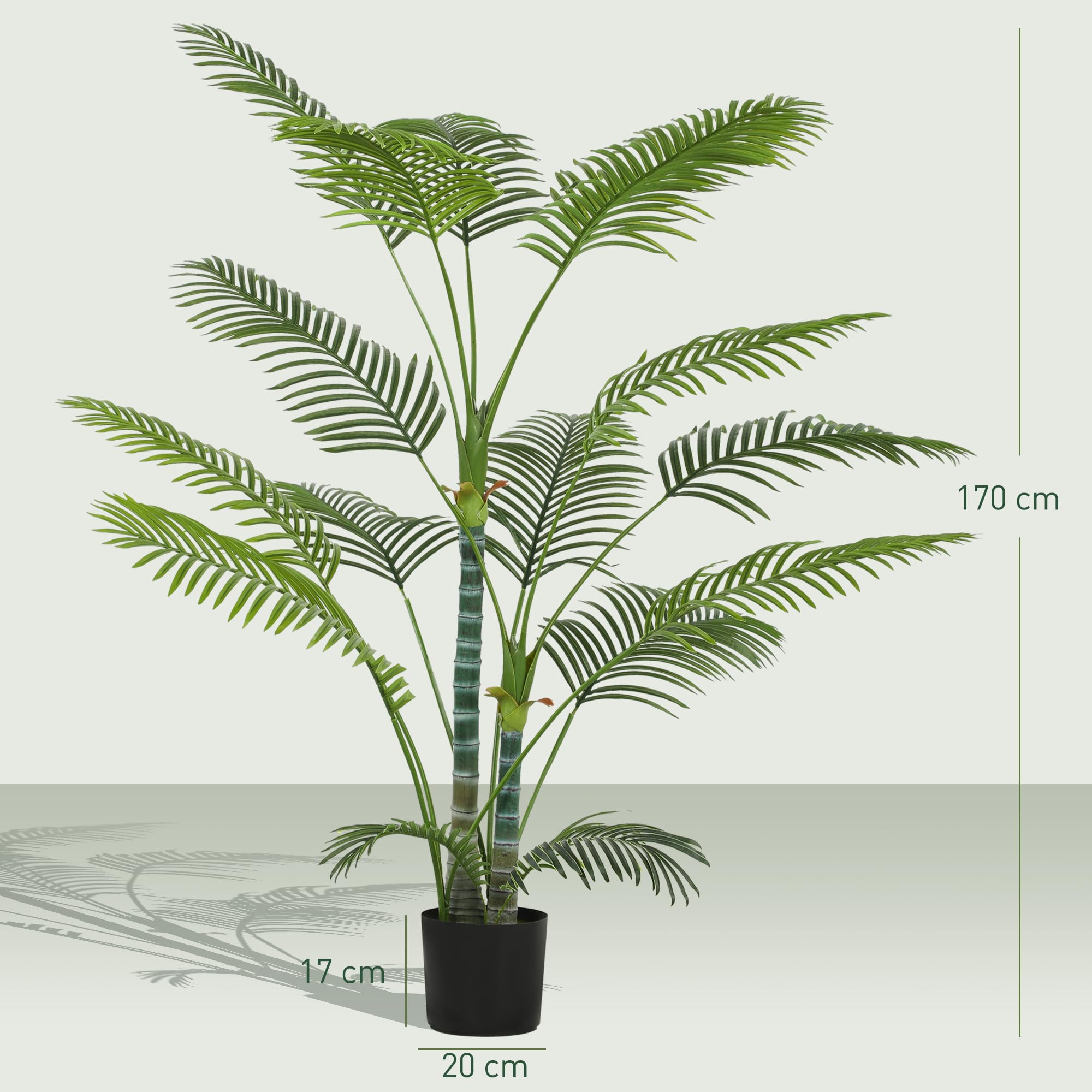 HOMCOM Planta Artificial Decorativa de 170 cm Palmera Artificial con Maceta y Hojas para Salón Oficina Hogar Interior Verde