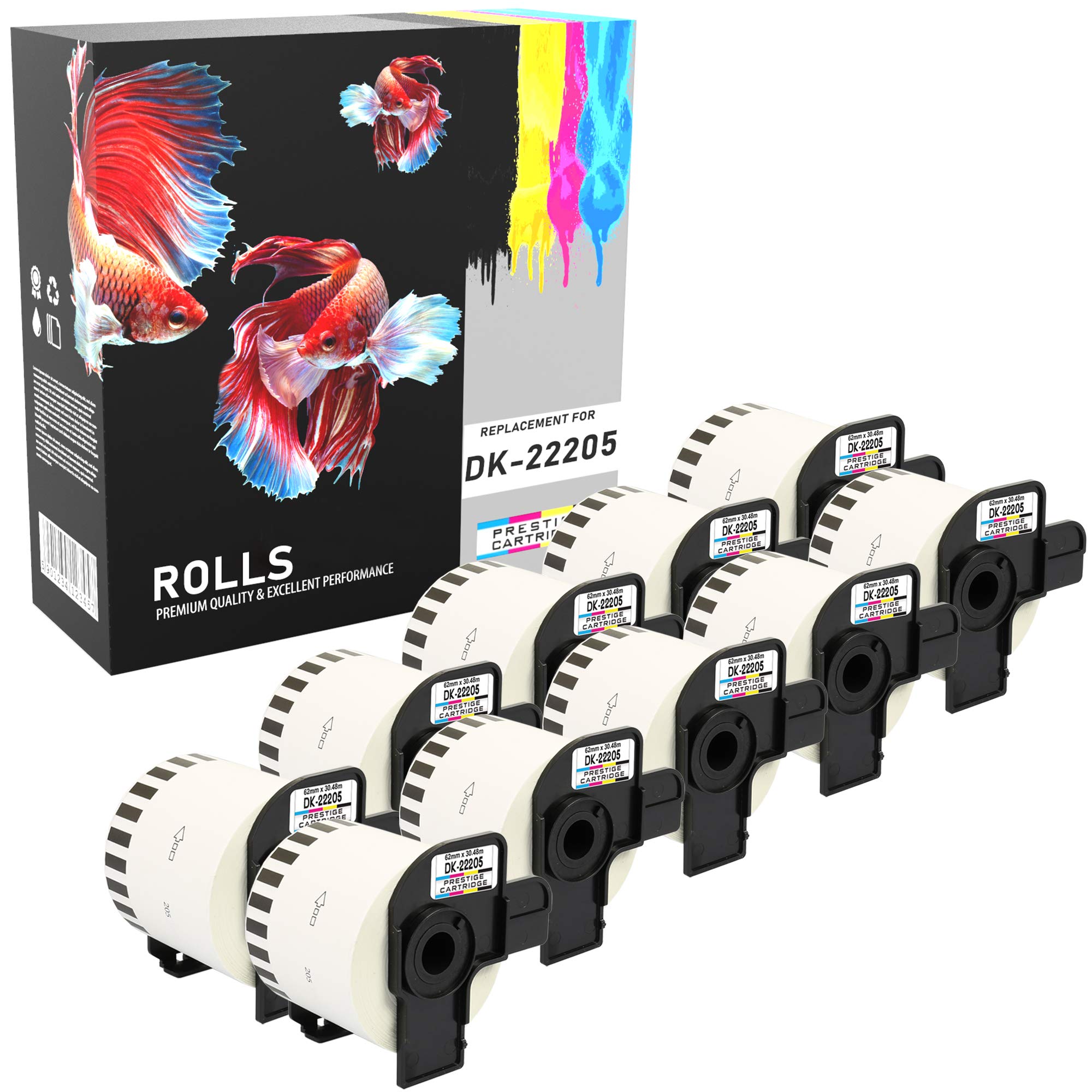 Prestige Cartridge DK-22205 Etiquetas Continuas 62mm x 30.48m Compatible Brother P-Touch QL-500 10 Rollos