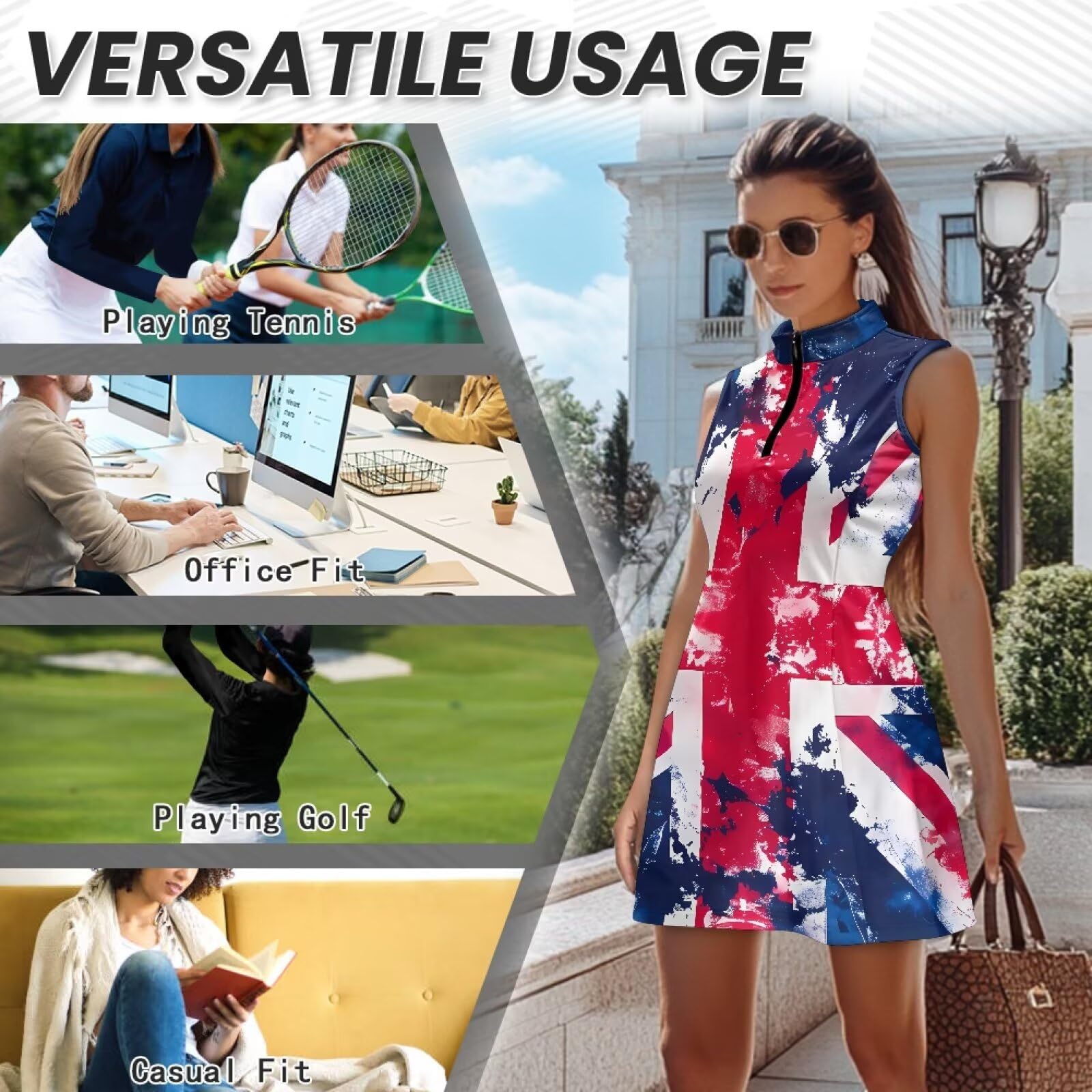 Vestido de tenis para mujer con pantalones cortos, cuello en V, sin mangas, vestido de golf, casual, entrenamiento, ejercicio, deportes, traje de verano, Bandera británica del Reino Unido, S